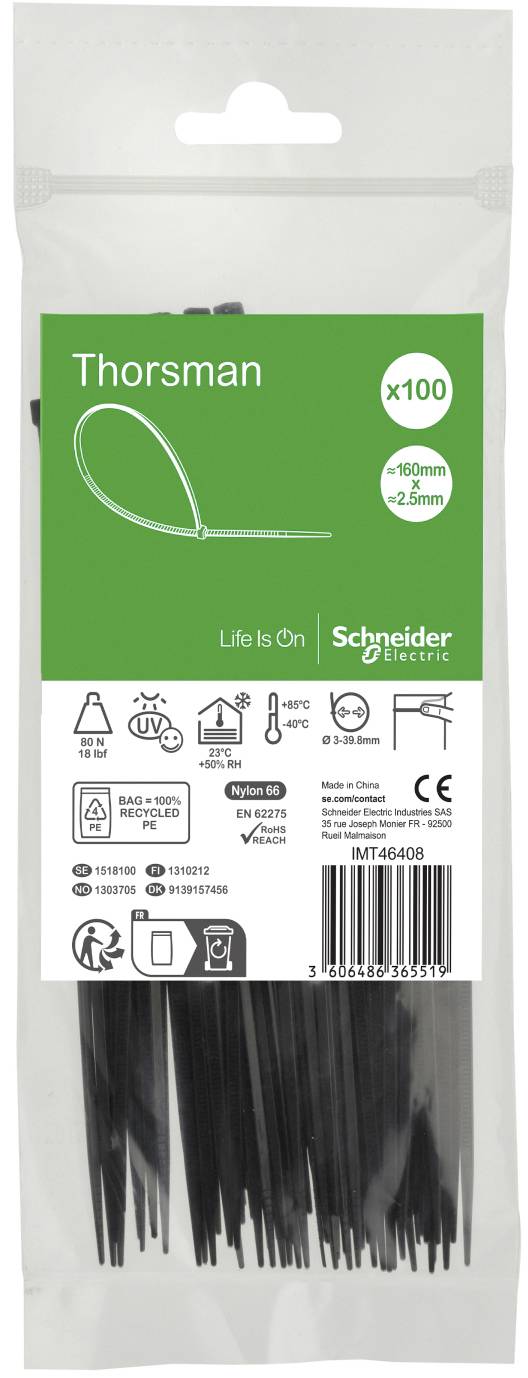 Schneider Electric IMT46408 Kabelbinder 160 mm 2.5 mm UV-gestabiliseerd, Vlamvertragend 100 stuk(s)