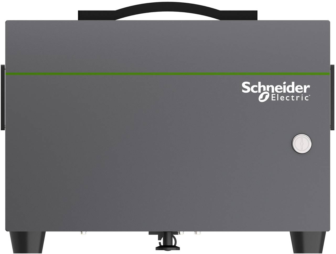 Električni uređaj tvrtke Schneider Electric sa sivim kućištem i zelenom linijom na vrhu. Ima okrugli gumb i ručku.