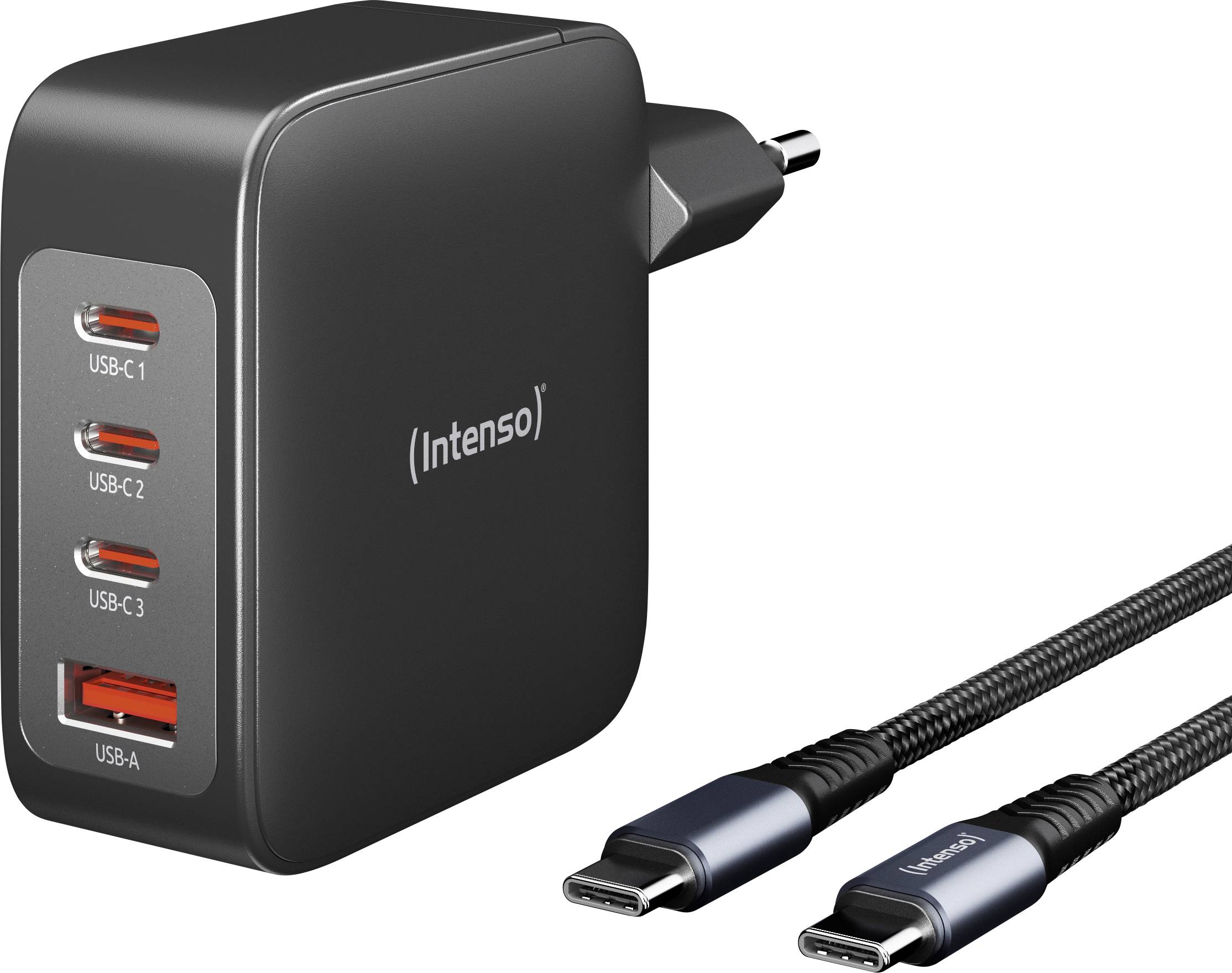 Crni USB punjač sa četiri priključka (tri USB-C, jedan USB-A) i dva USB-C kabela. Naziv marke 'Intenso' vidljiv.