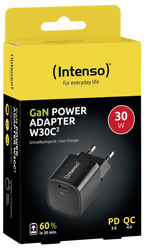Intenso GaN Power Adapter, 30W brzi punjač u crnoj ambalaži. Podržava PD 3.0 i QC 4.0. Optimalan za brzo punjenje.