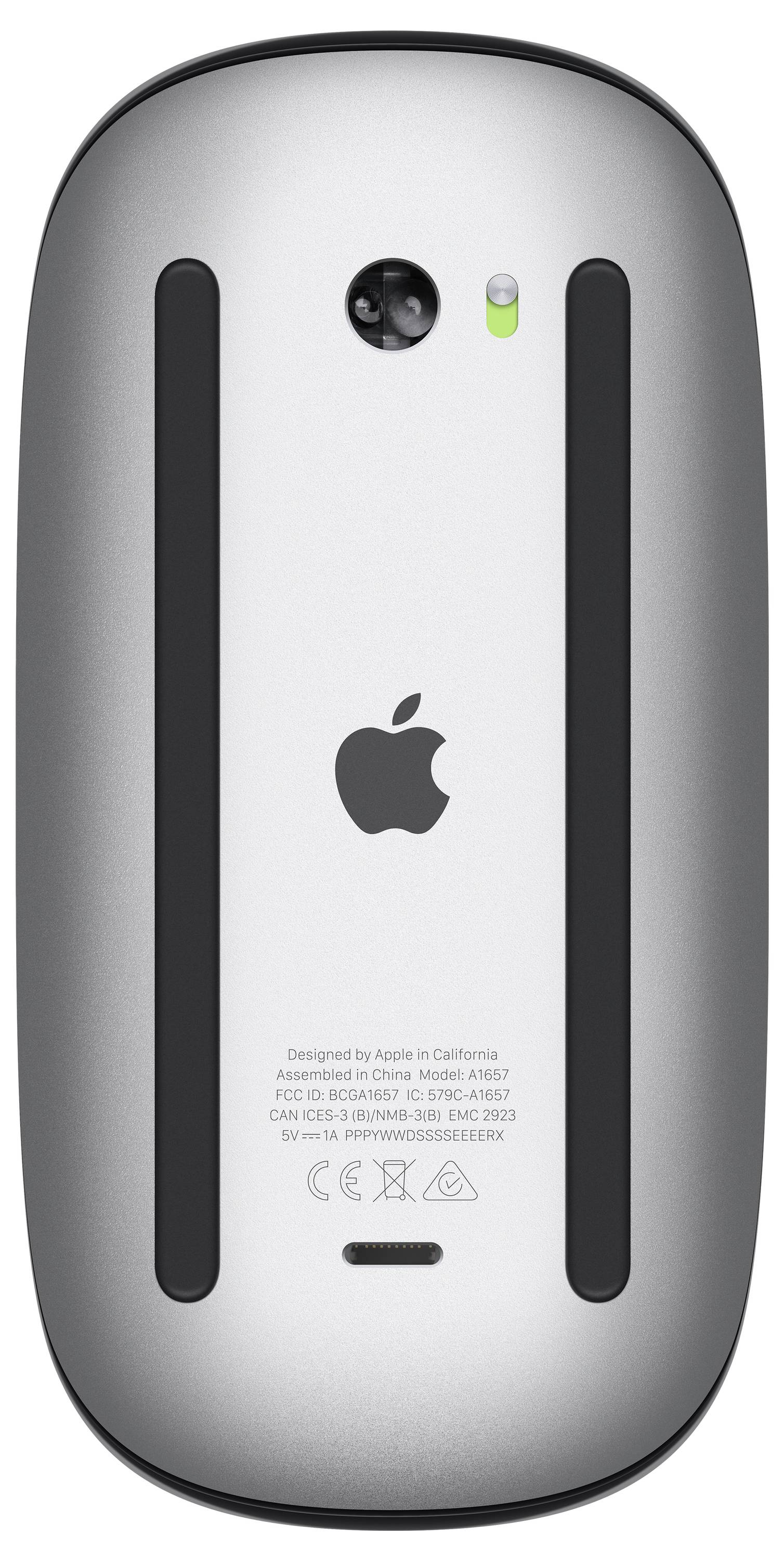 Stražnja strana srebrne računalne miša s crnim Apple logotipom i dvije crne pruge sa strana.