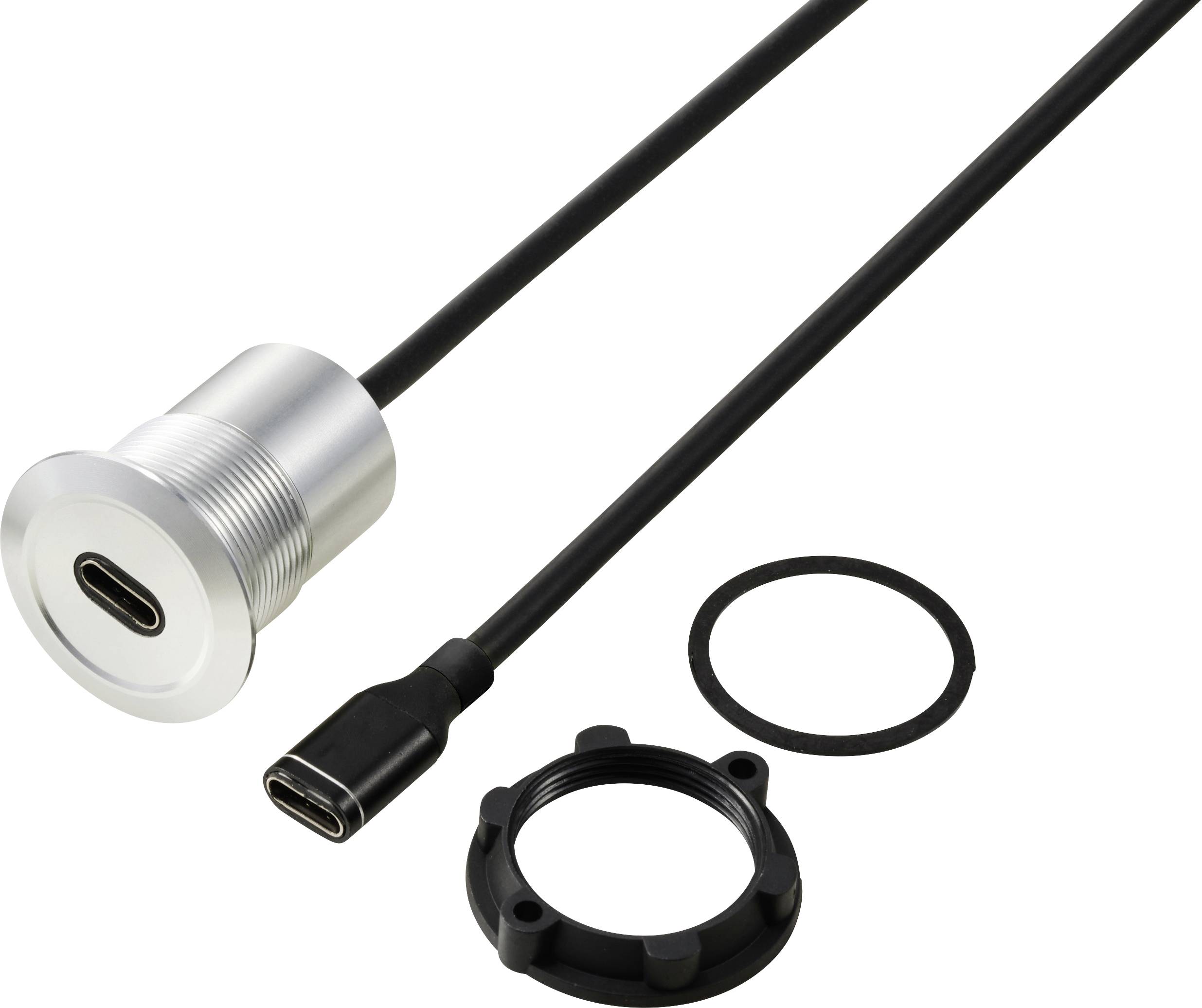 Srebrni USB-C priključak s crnim kabelom, pored brtvenog prstena i vijka za pričvršćivanje.
