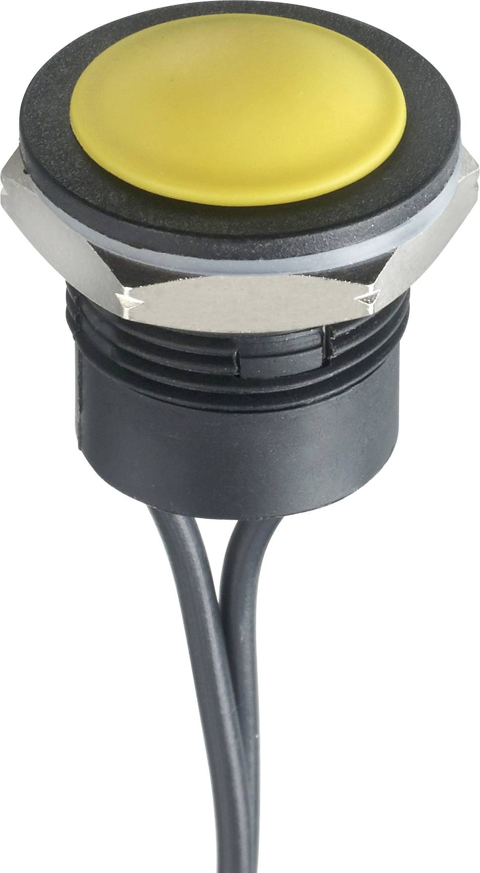 Žuti, okrugli pritisni gumb s crnim rubom i kabelom. Vjerojatno dio elektroničkog uređaja ili upravljačkog sustava.