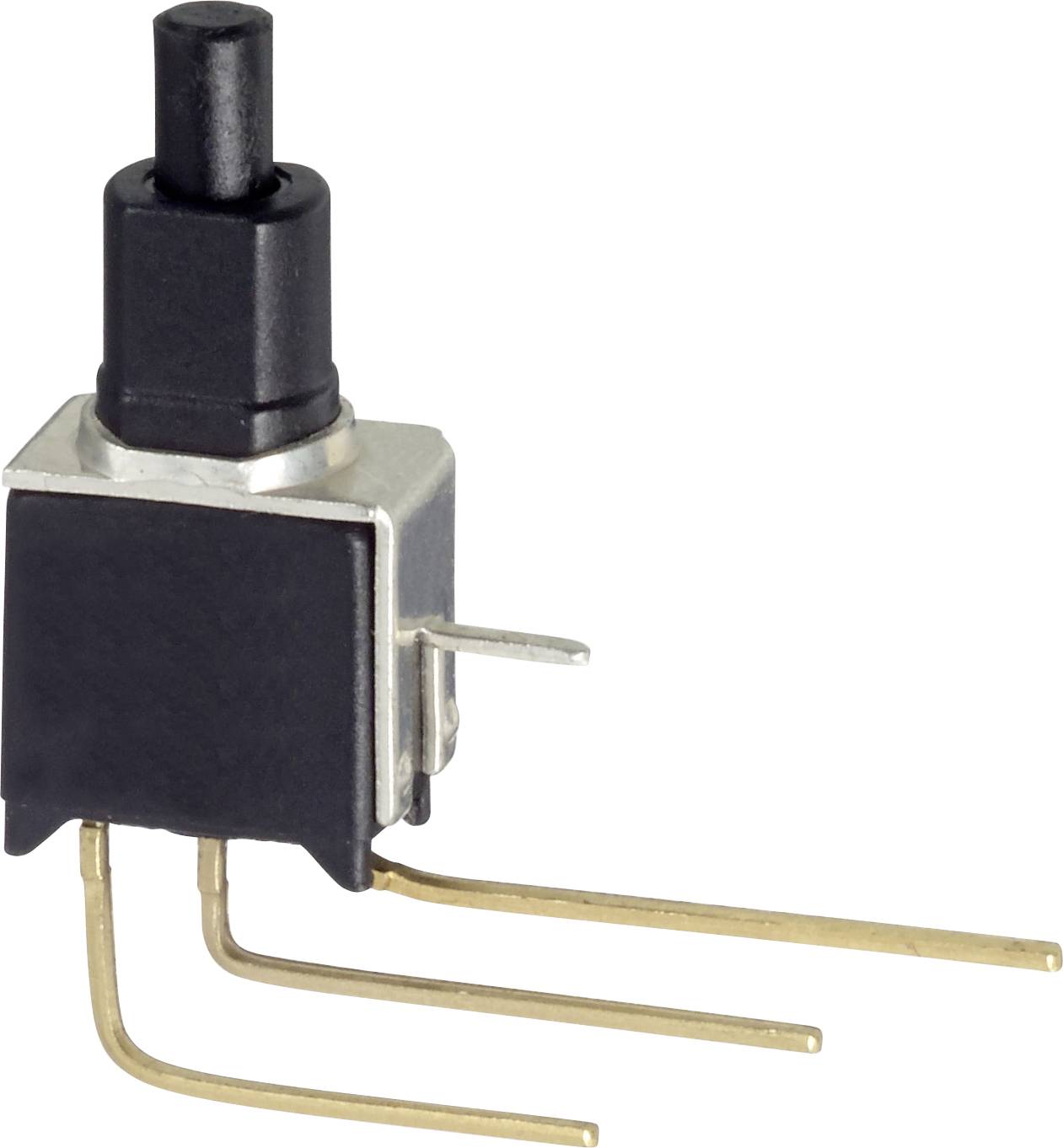 Mikrotaster crni gumb, pravokutnog kućišta i tri metalna priključka za uporabu u elektroničkim uređajima.