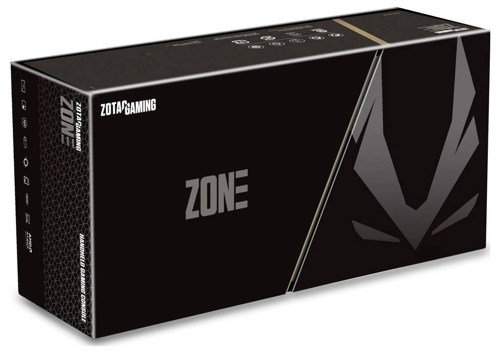 Crna ambalaža s natpisom 'ZOTAC GAMING' sa strane i velikim natpisom 'ZONE' sprijeda. Stilizirana grafika lica na prednjoj strani.