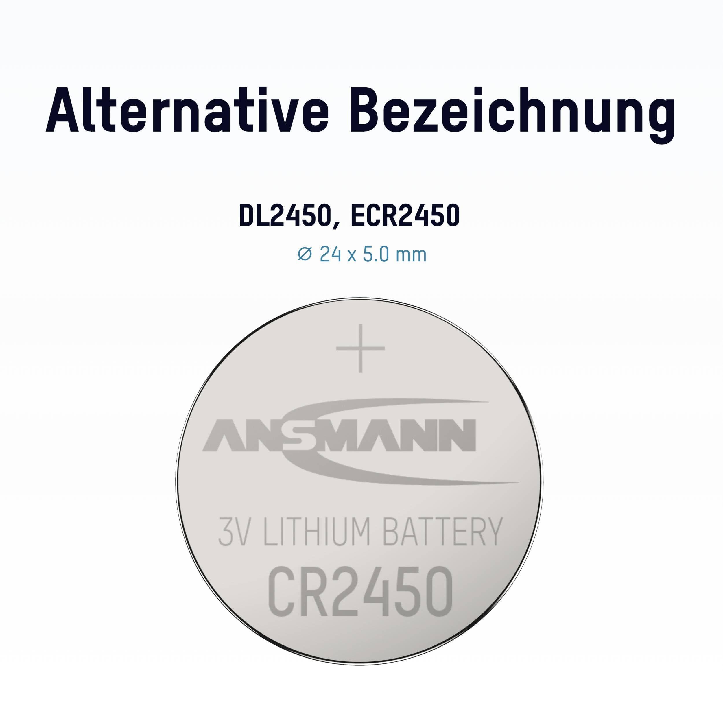 Srebrna gumbasta baterija s natpisom 'ANSMANN 3V LITHIUM BATTERY CR2450', pored toga 'Alternativna oznaka DL2450, ECR2450 Ø 24 × 5,0 mm'.