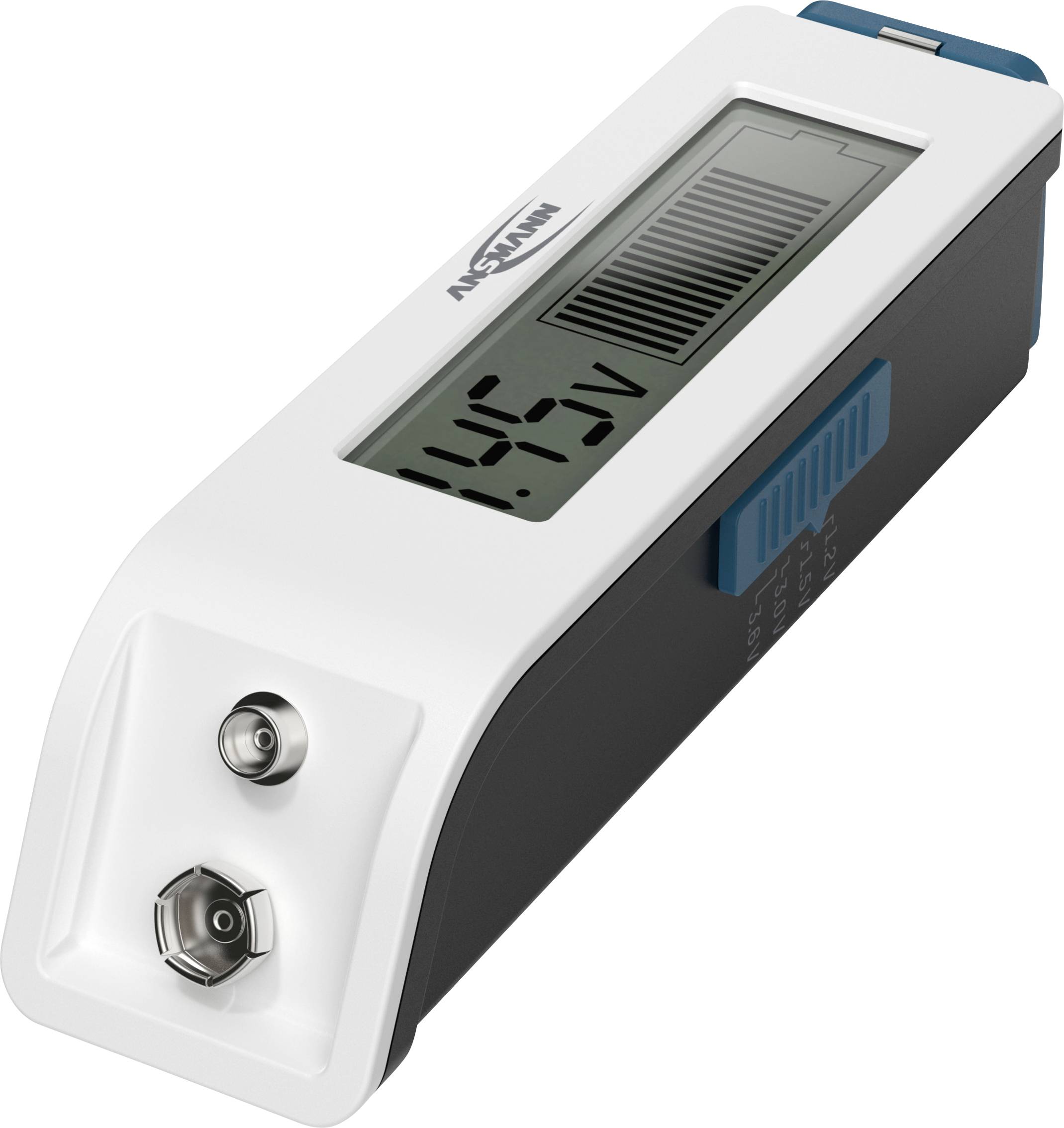 Digitalni voltmetar s LCD zaslonom, prikazuje '4.56V', kompaktne veličine, bijelo kućište, plavo-sive naglašene detalje, pogodan za mjerenje napona.