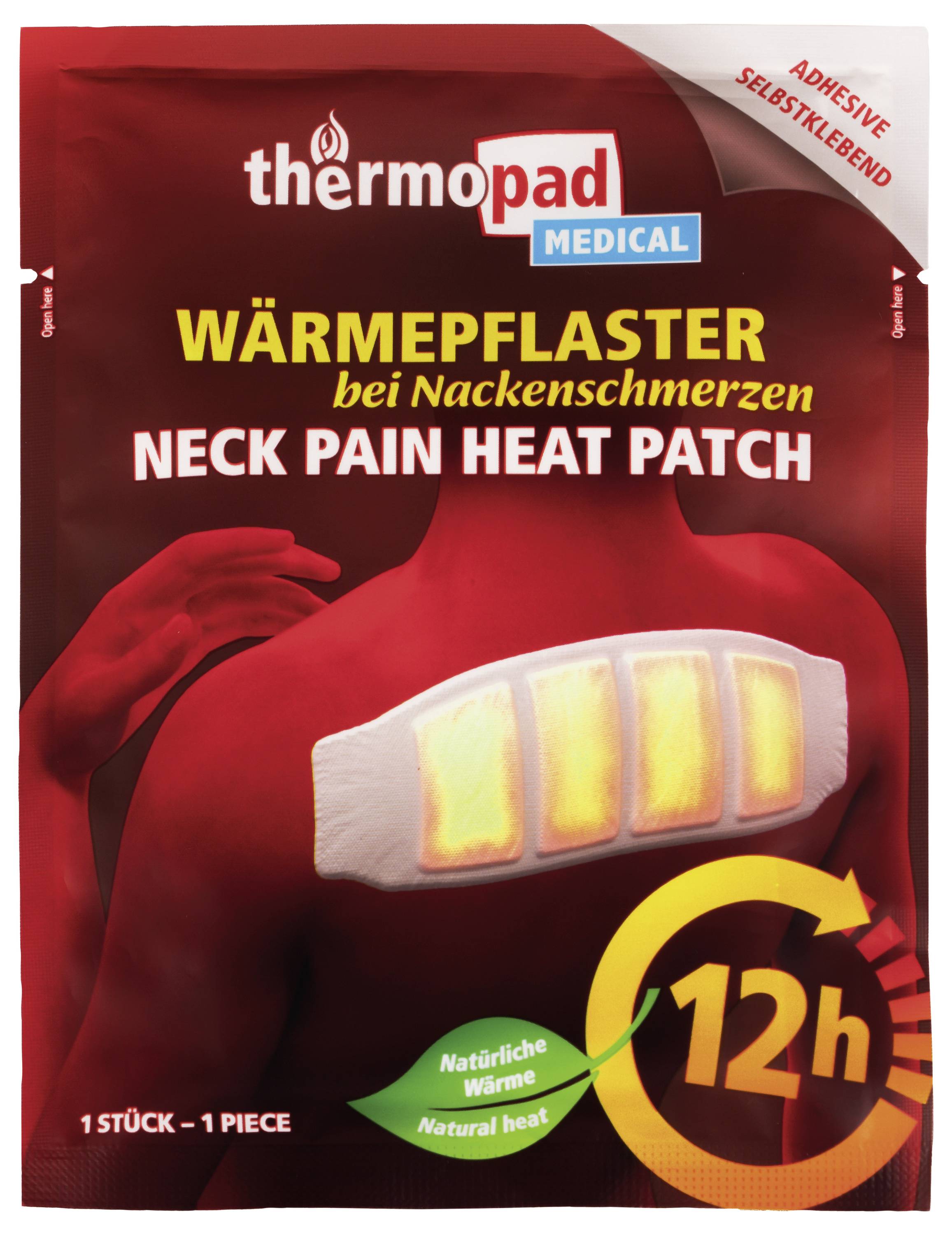 Thermopad Medical flaster za toplinu pri bolovima u vratu, označen sa 'Wärmepflaster bei Nackenschmerzen' i 'Neck Pain Heat Patch', s 12 sati prirodne topline.