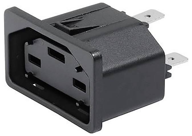 Pravokutni crni utičnički umetak s tri metalne iglice. Služi za priključivanje električnih uređaja.