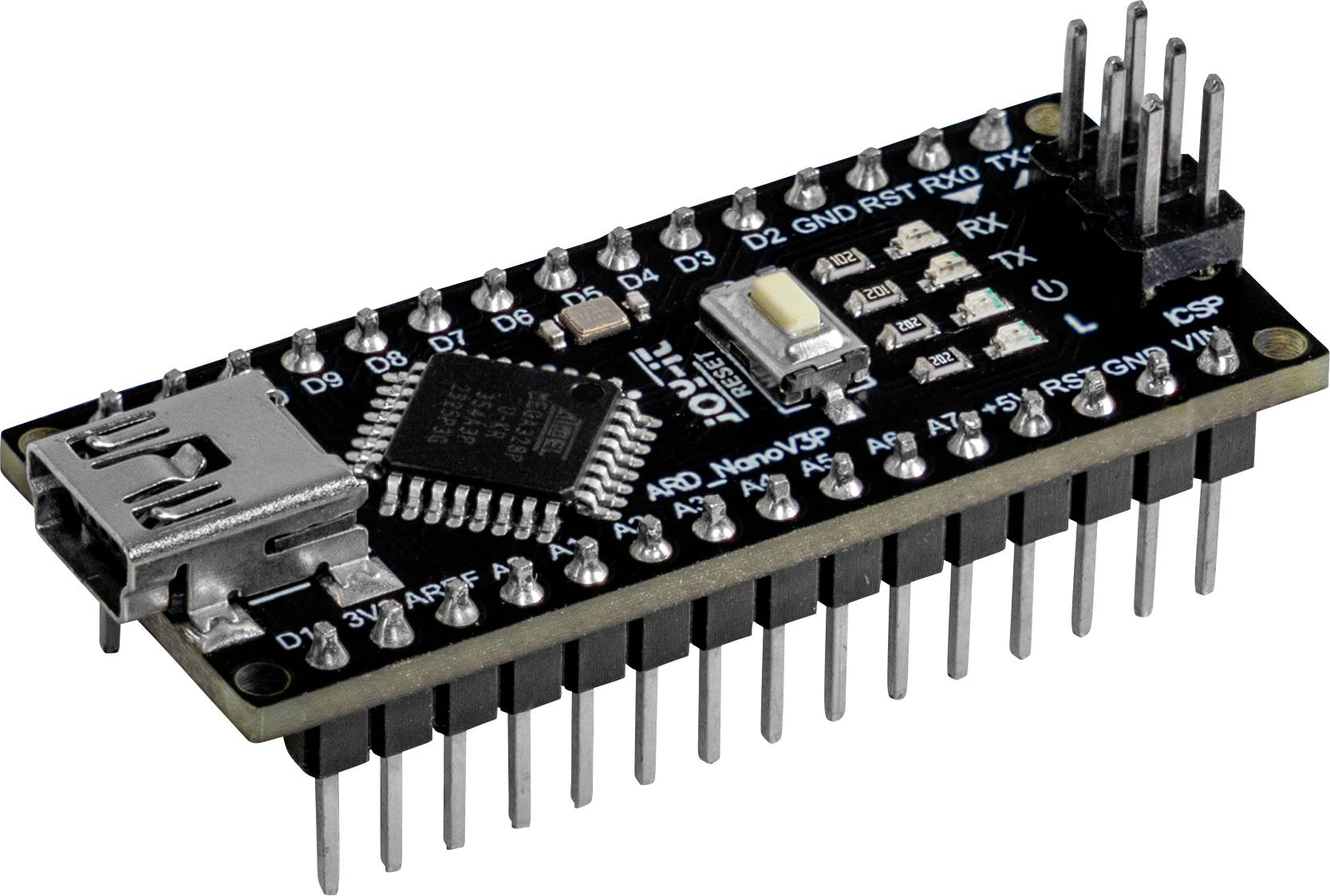 Mikrokontrolerska ploča s više pinova i USB priključkom. Natpis: 'Nano' i '20 digitalnih 8 analognih ulazno/izlaznih'.