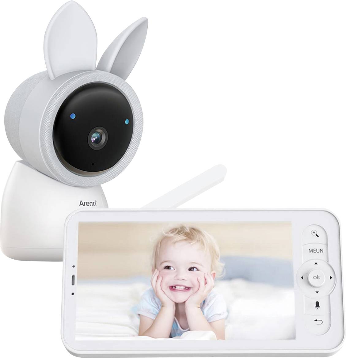 Kamera za bebe u dizajnu zeca i monitor prikazuju smiješeće malo dijete na zaslonu.