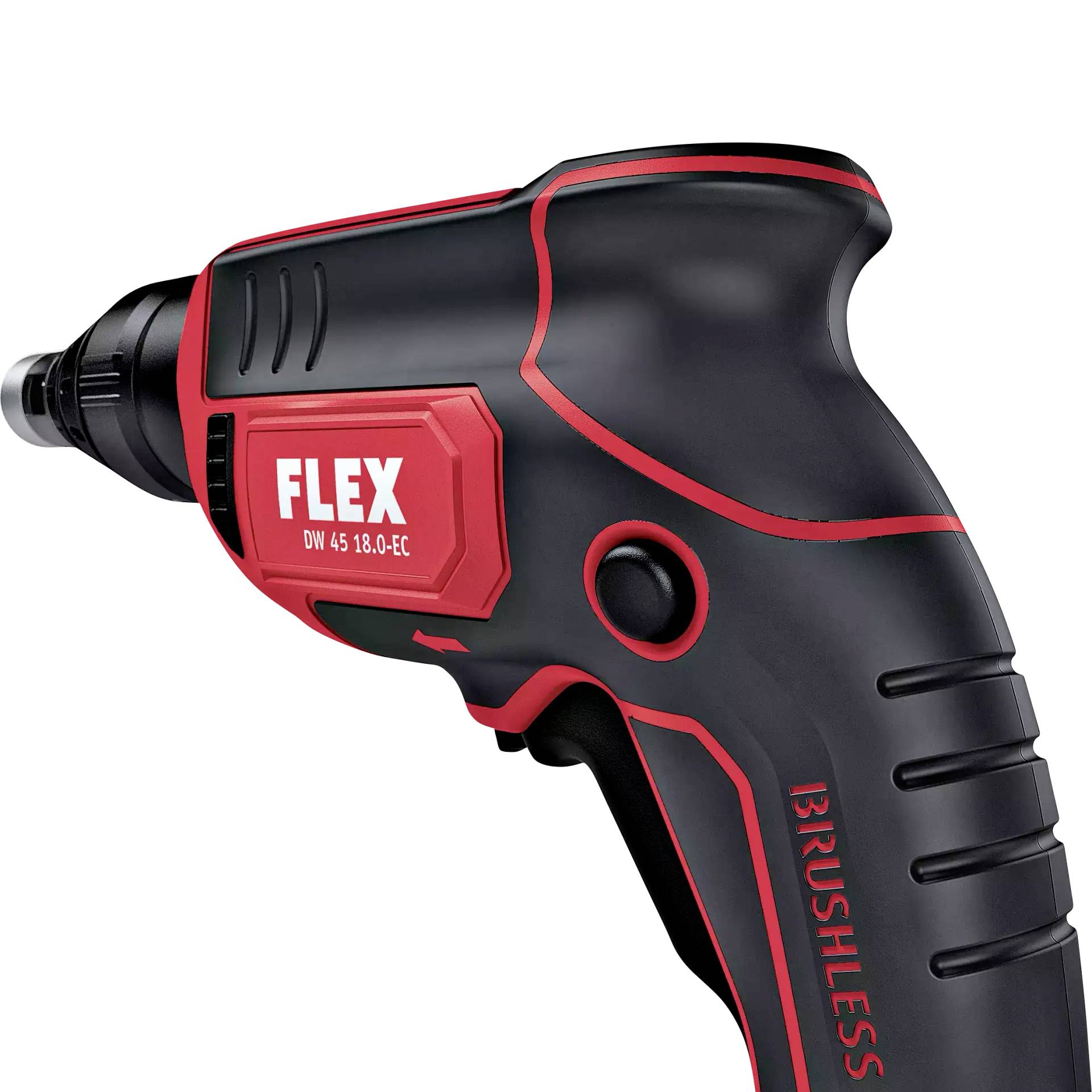Akumulatorski odvijač u crno-crvenoj boji s logotipom 'FLEX'-a. Ergonomski dizajniran ručaj, pogodan za amaterske radove.