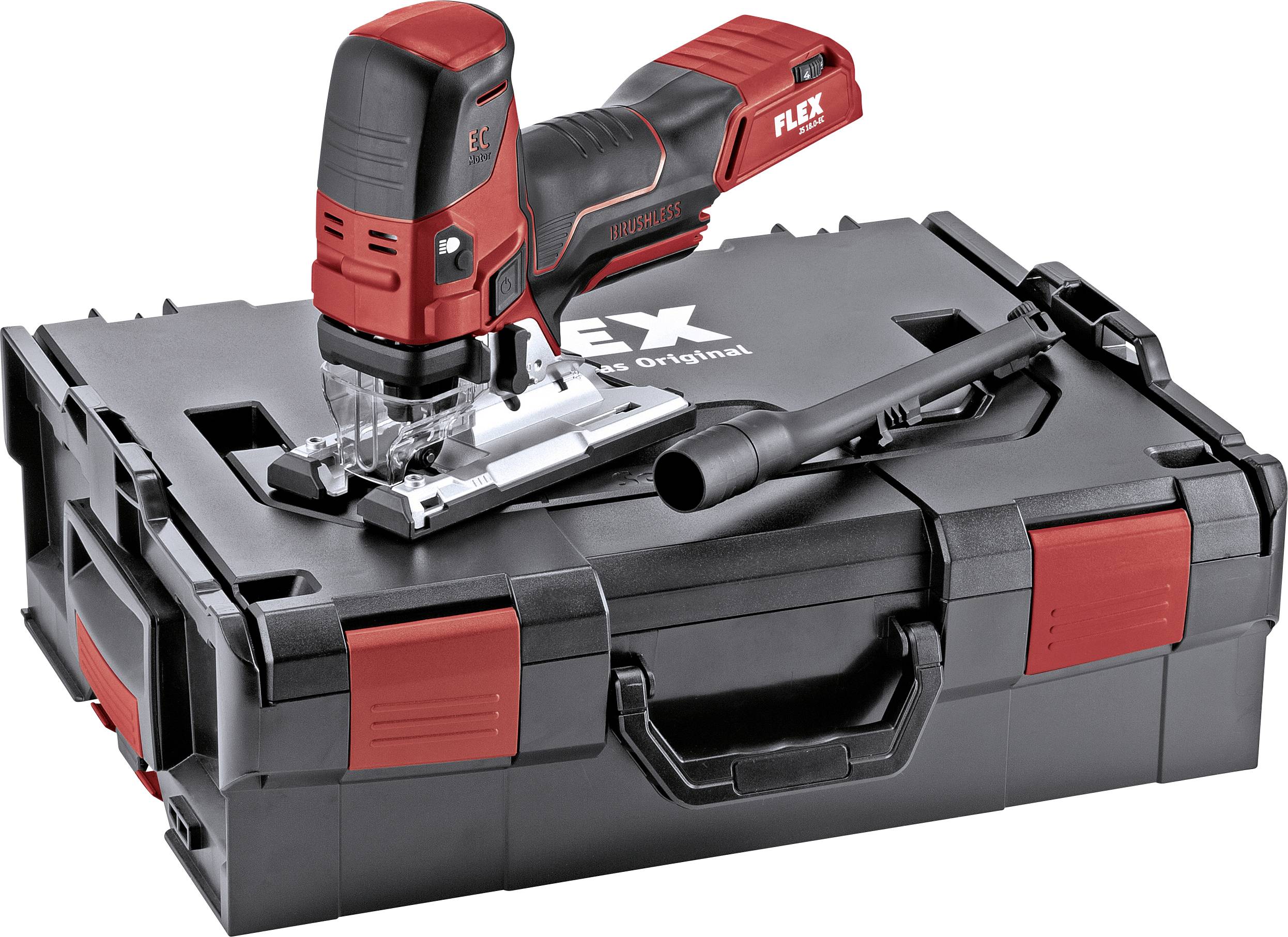 Ručna kružna pila FLEX-a na crnom alatnom kovčegu, usmjerena na precizno rezanje. Sadrži upute za upotrebu.