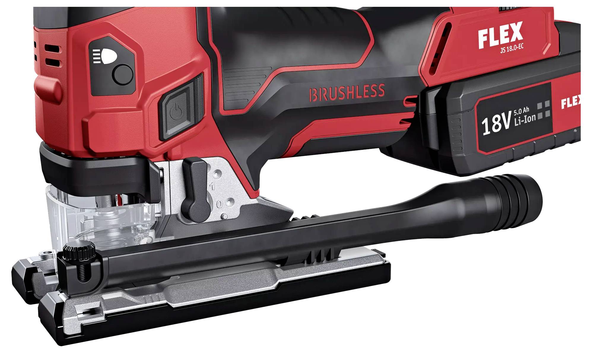 Ubodna pila u crvenoj i crnoj boji, pogled sa strane. Baterijski je pogonjena 18V litij-ionskim akumulatorom i ima beskontaktni motor.