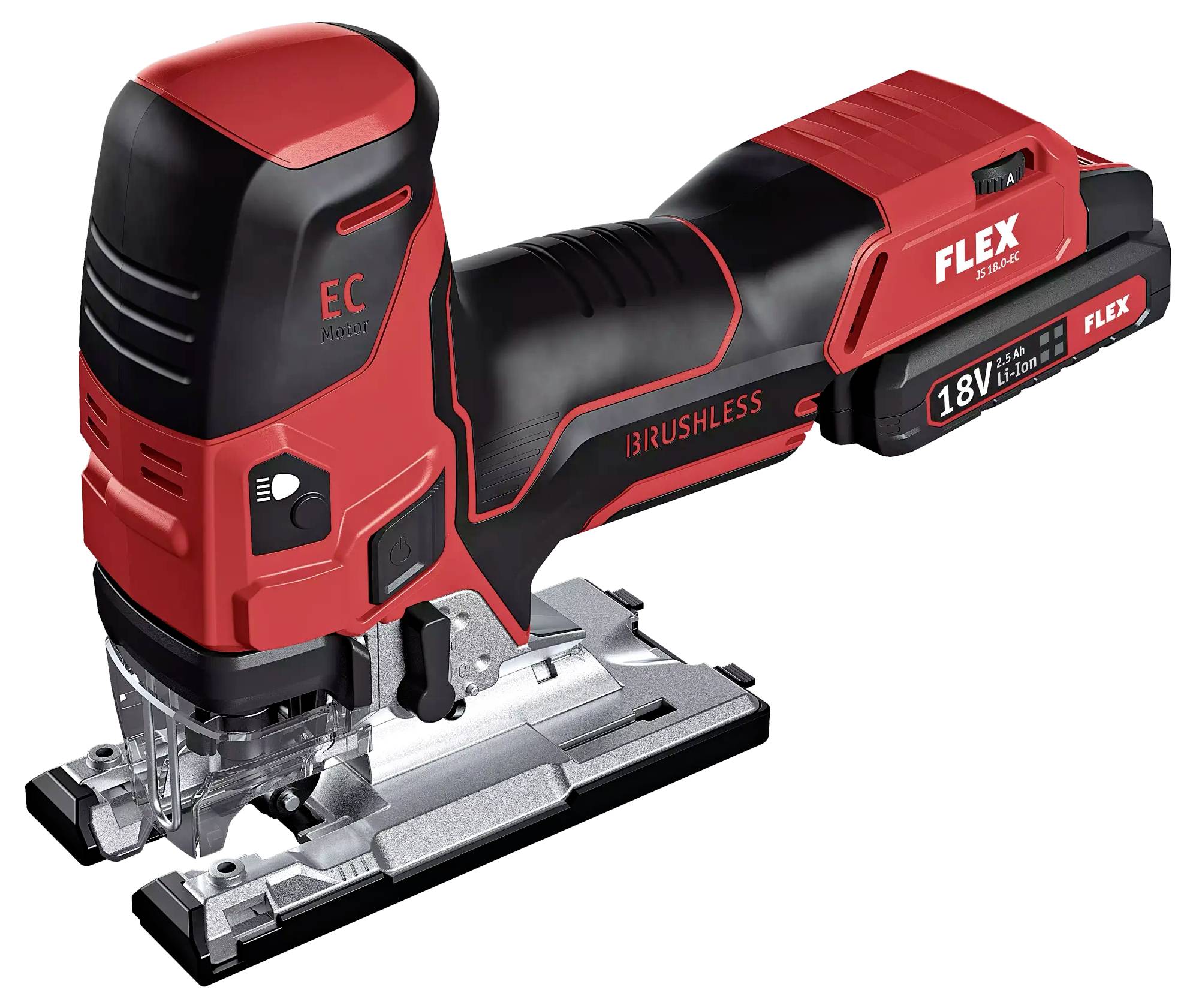 Baterijska ubodna pila s crvenim kućištem i crnim naglascima, postavljena na metalnoj podlozi.