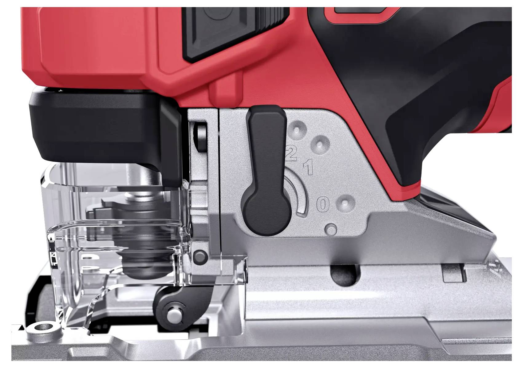 Bliski kadar crvene ubodne pile koja prikazuje prozirni zaštitni poklopac, crni kotačić za podešavanje brzine i srebrne detalje.