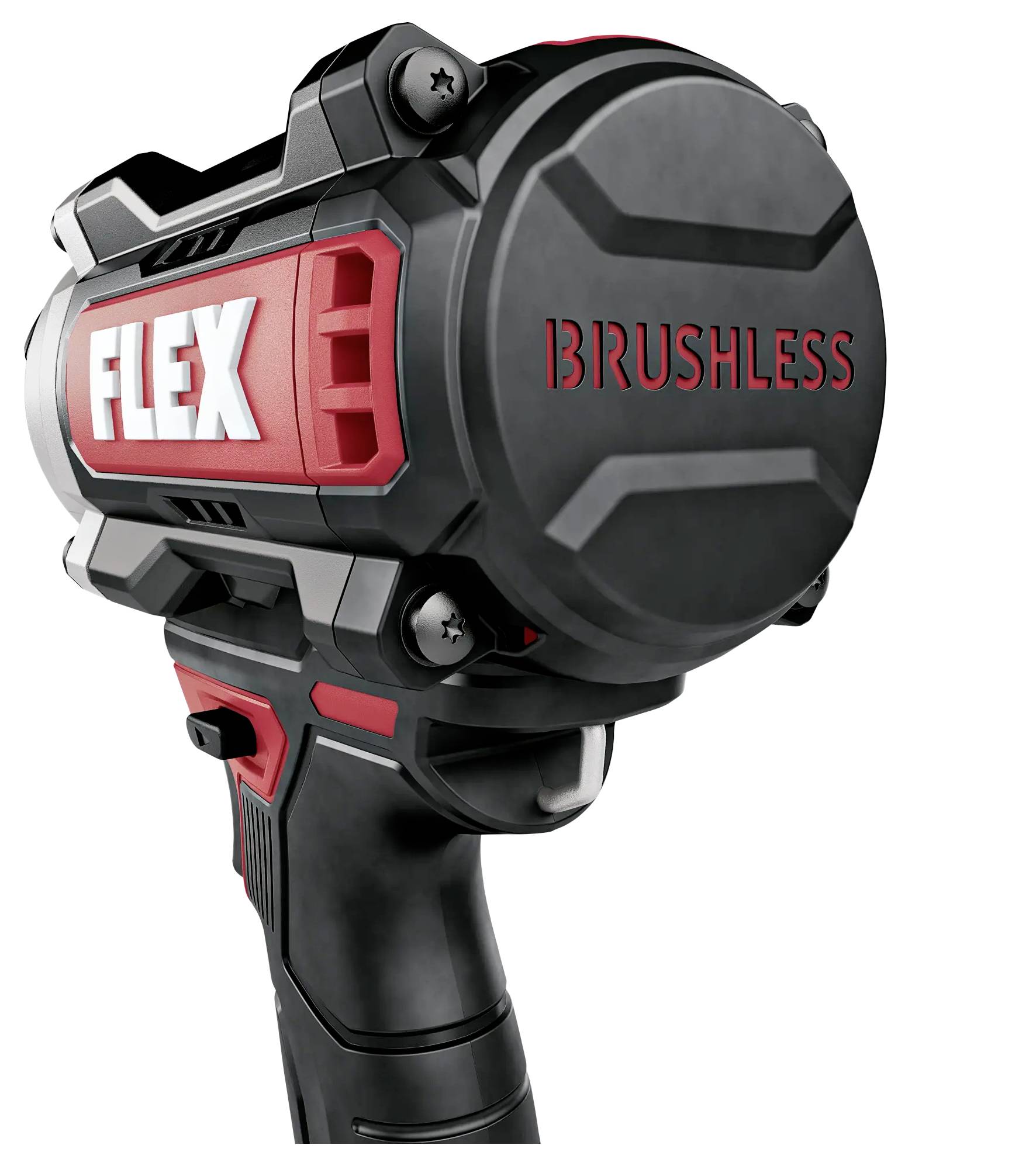 Akumulatorski odvijač s crućim kućištem, crvenim akcentima, natpisom 'FLEX BRUSHLESS'.