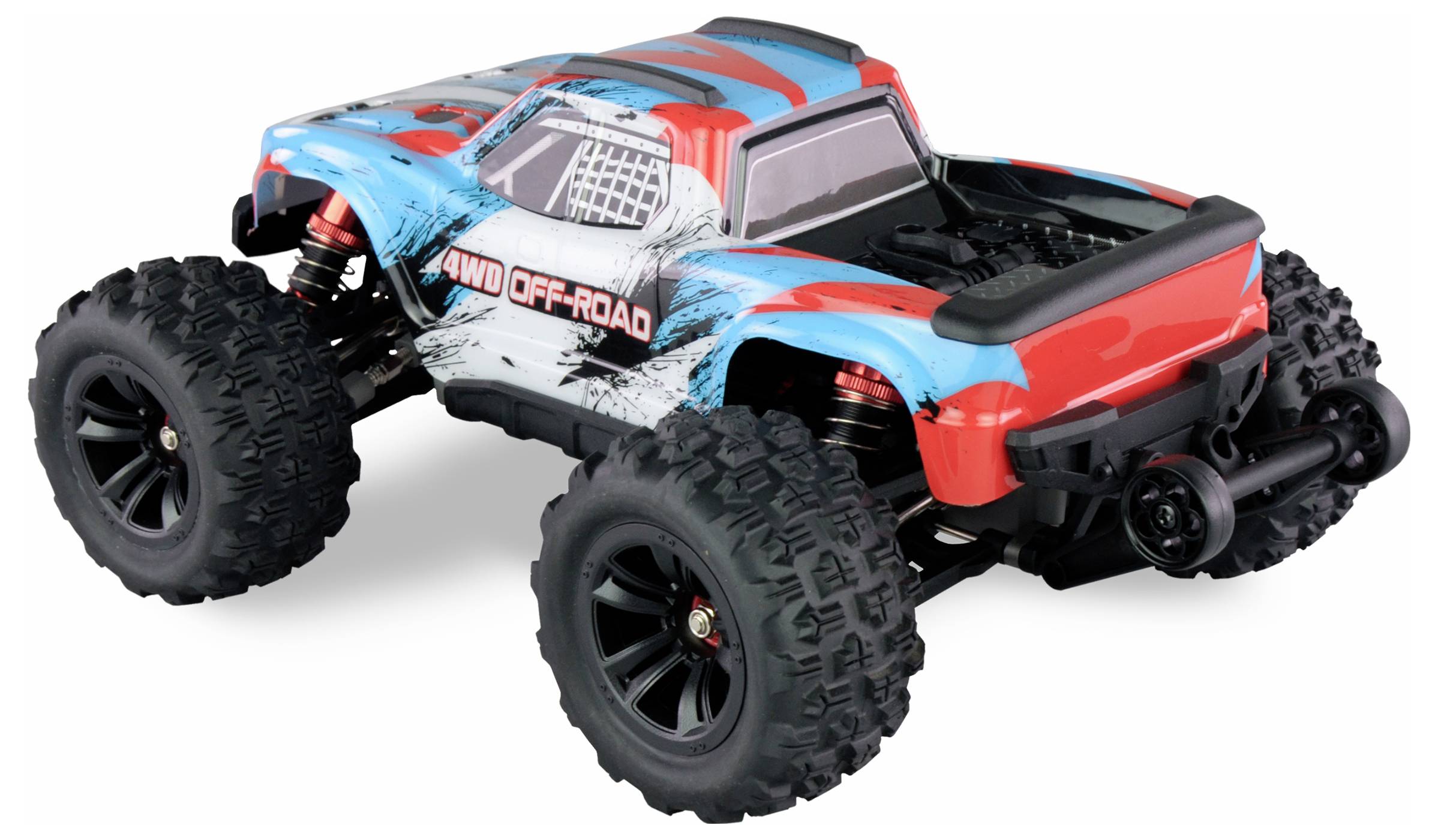 Daljinski upravljani auto na četiri pogona u crvenoj i plavoj boji s velikim profiliranim gumama, pogodan za off-road avanture.