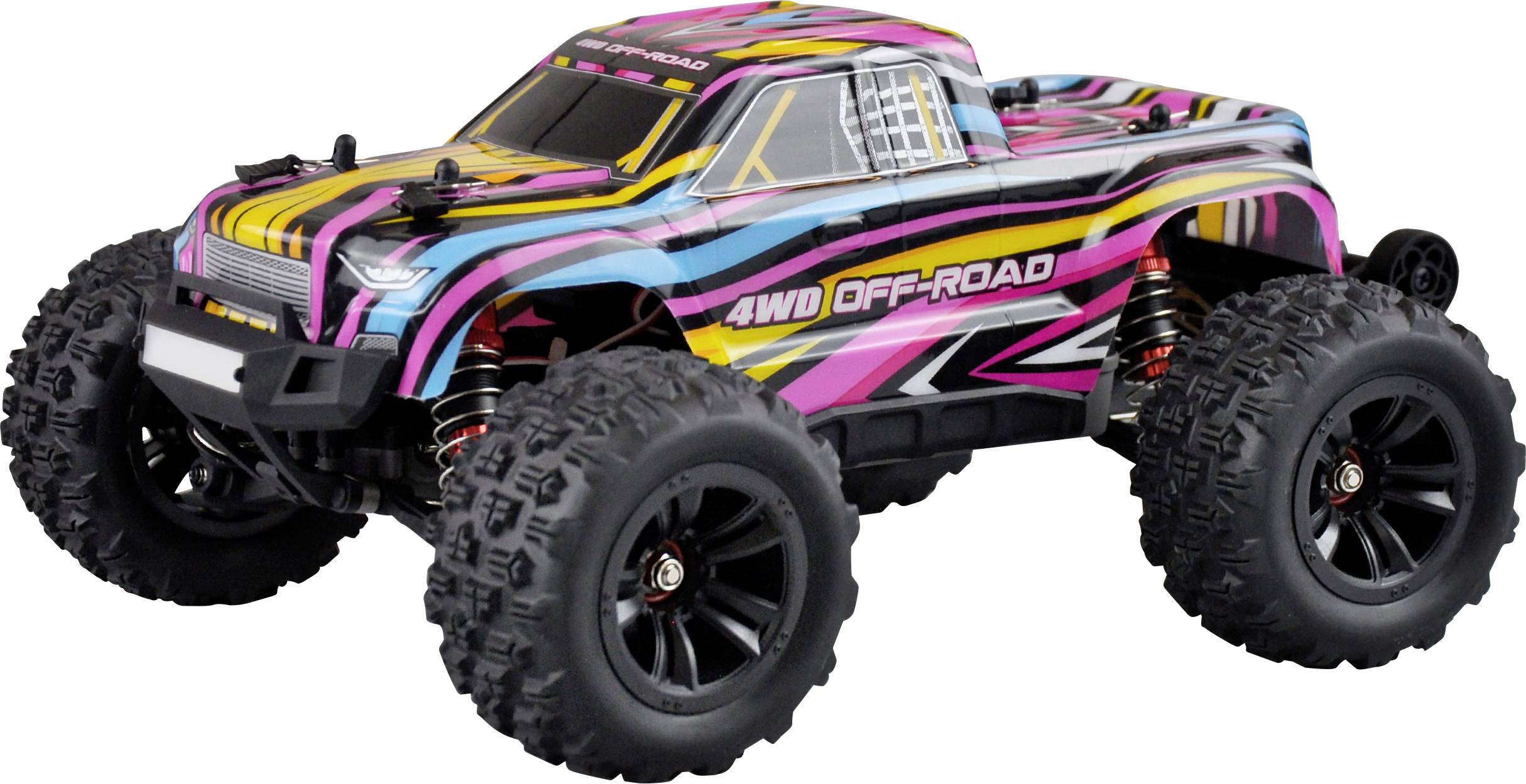 Daljinski upravljan automobil šarenog, prugastog dizajna s natpisom '4WD OFF-ROAD'; velike terenske gume.