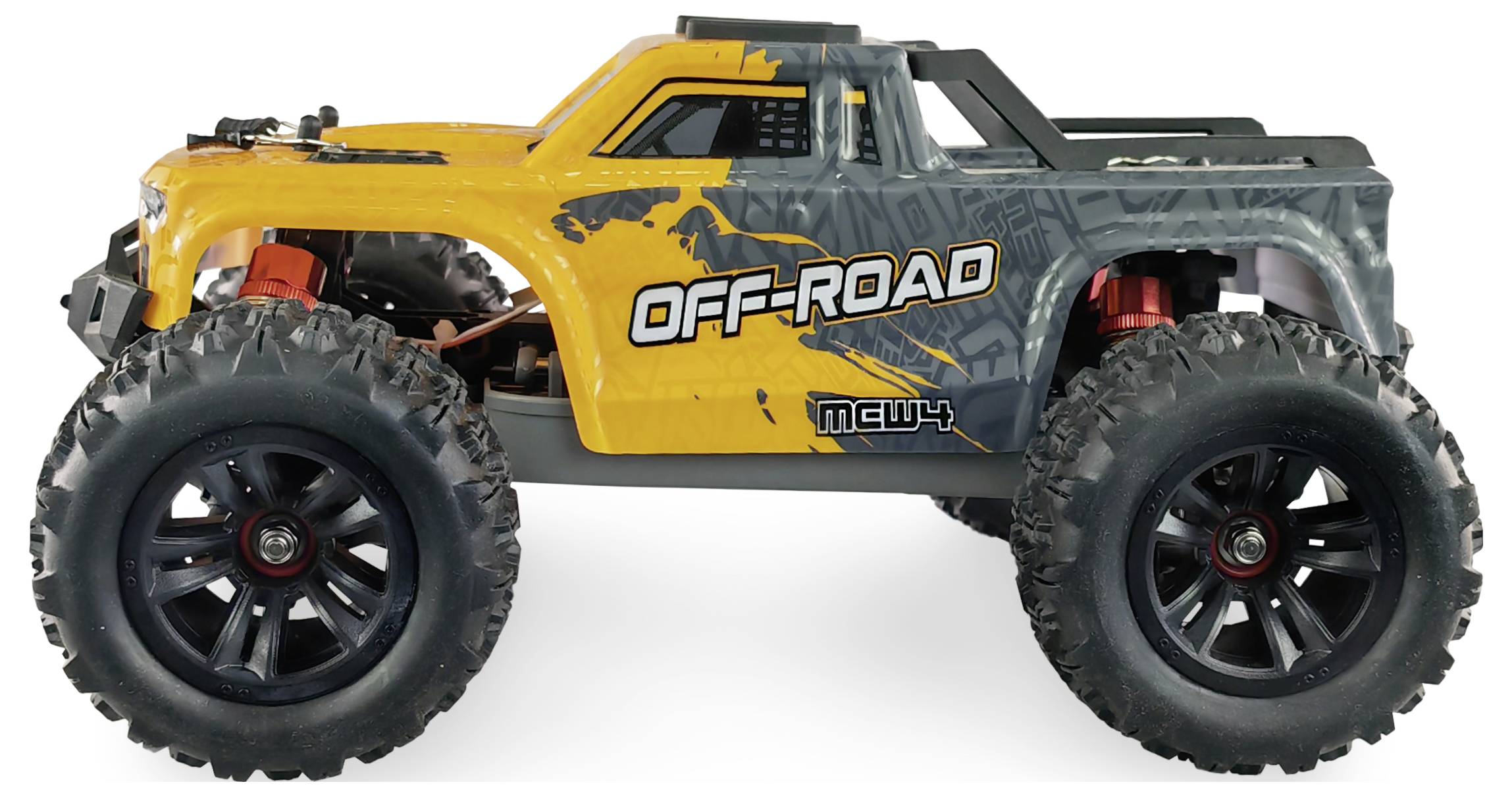 Žuti i sivi off-road igračka kamion s velikim gumama i natpisom 'OFF-ROAD' sa strane.