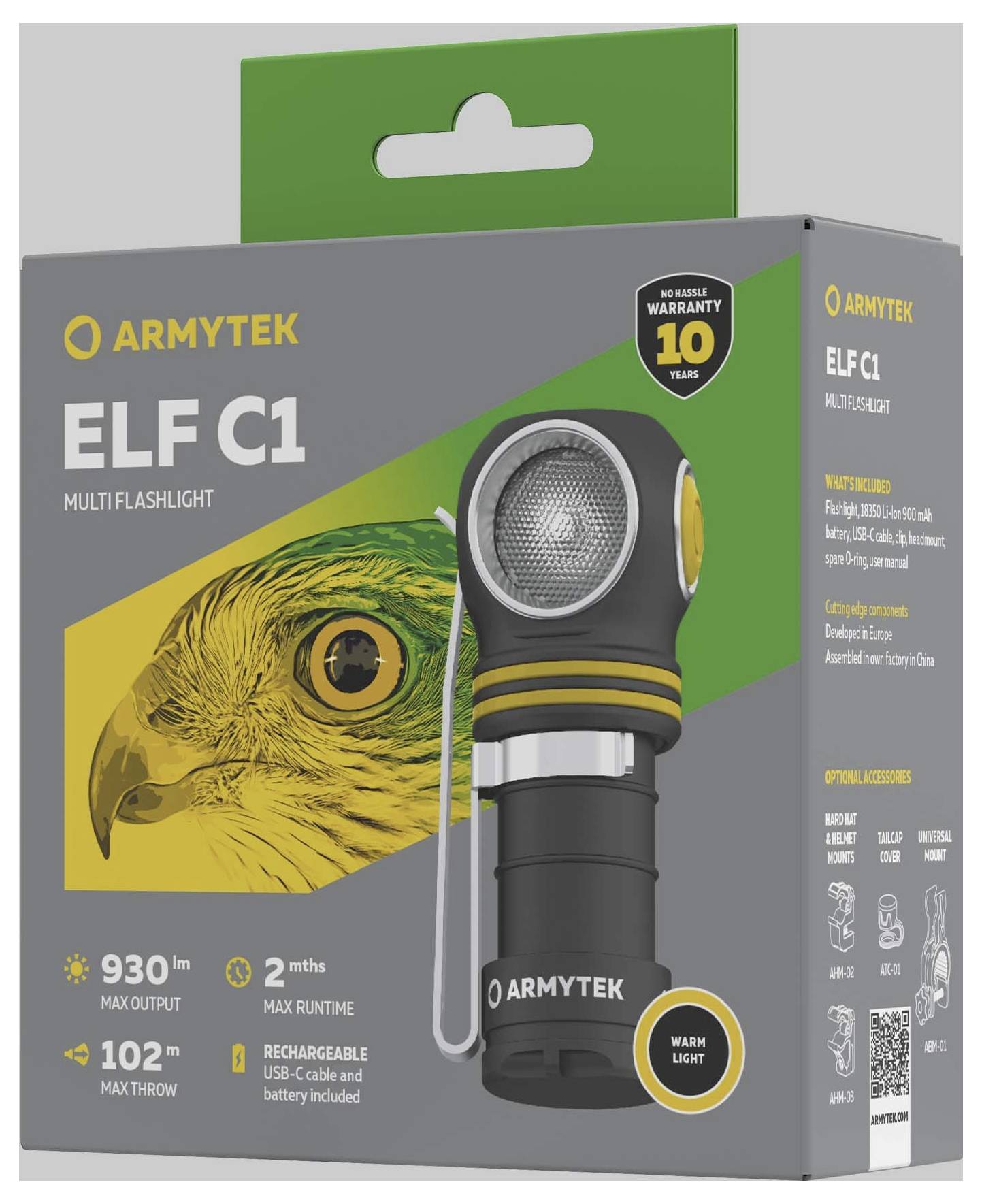 'Elf C1' džepna baterija od Armyteka, 930 lumena, domet 102 metra, punjiva putem USB-a, uključuje 10 godina jamstva, prikaz ptice na pakiranju.