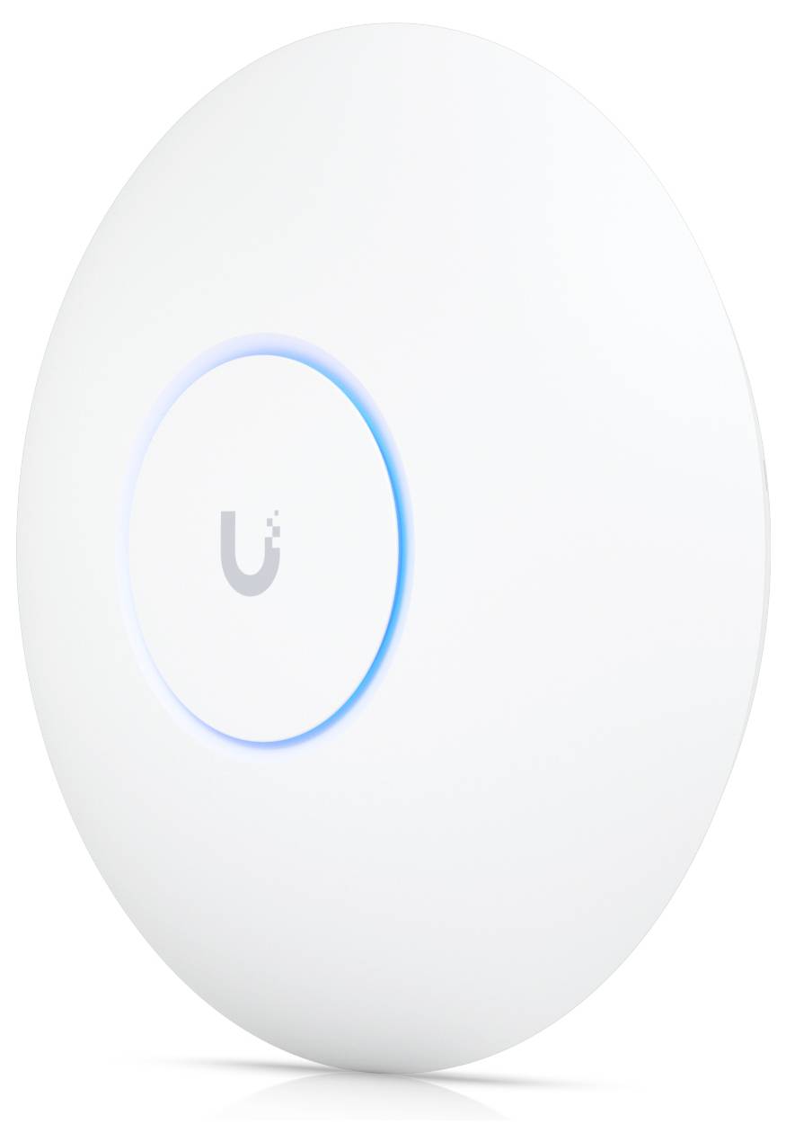 Bijeli, pločasti WLAN access point tvrtke Ubiquiti s plavim svijetlećim prstenom u sredini, prikazan na bijeloj pozadini.