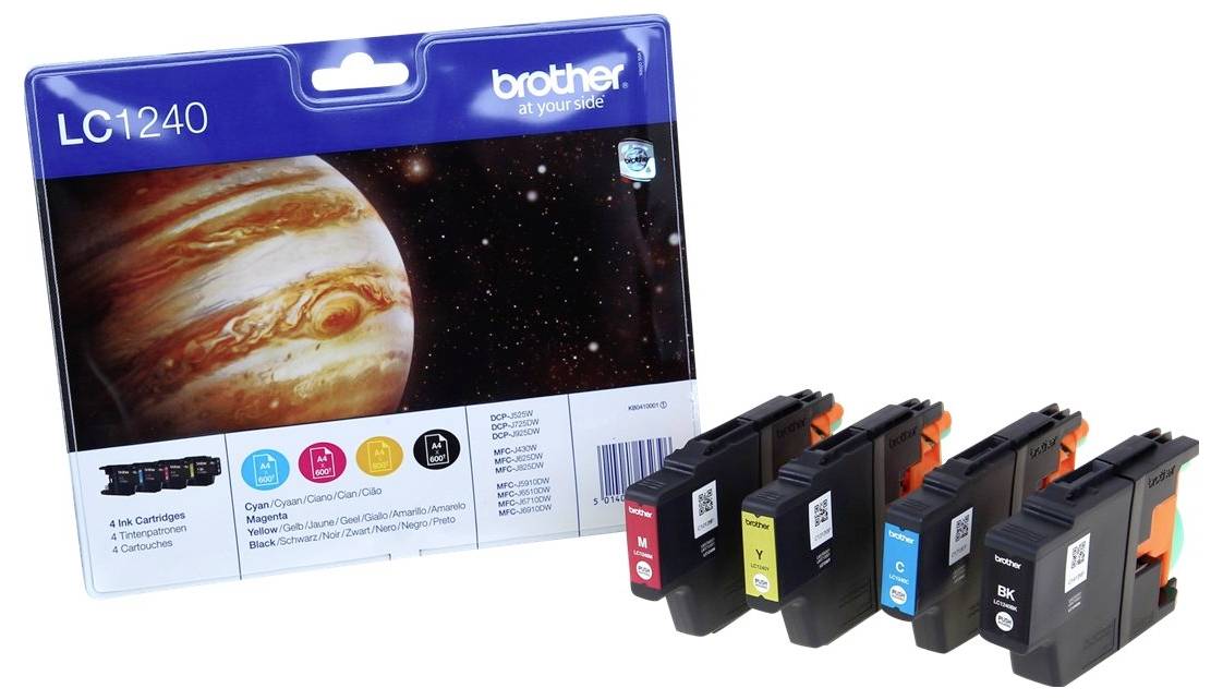 Četiri tintne patronazne kutije u bojama crna, cijan, magenta i žuta ispred ambalaže s prikazom Jupitera.