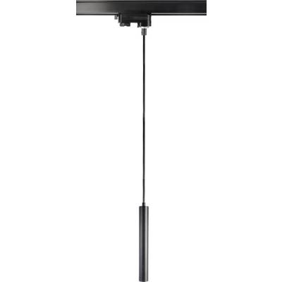 Uska, izdužena, crna viseća lampa visi sa stropa. Ima moderan, minimalistički dizajn.