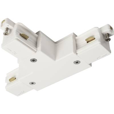 Bijeli T-komad za spajanje s metalnim kontaktima i dva vijka. Koristi se za spajanje električnih vodova.