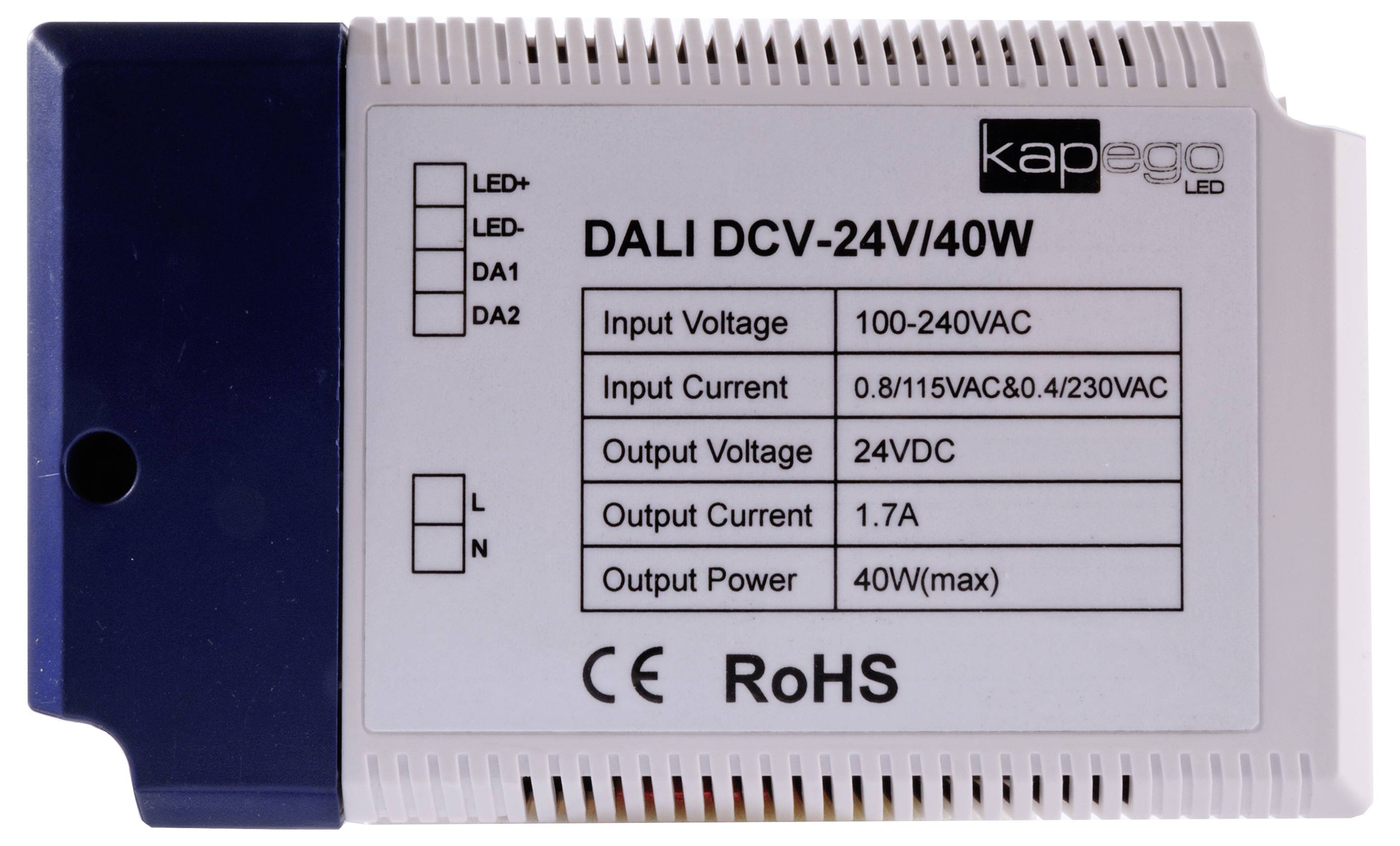 DALI DCV-24V/40W LED napajanje, ulazni napon 100-240VAC, izlazni napon 24VDC, izlazna struja 1.7A, maksimalna izlazna snaga 40W.