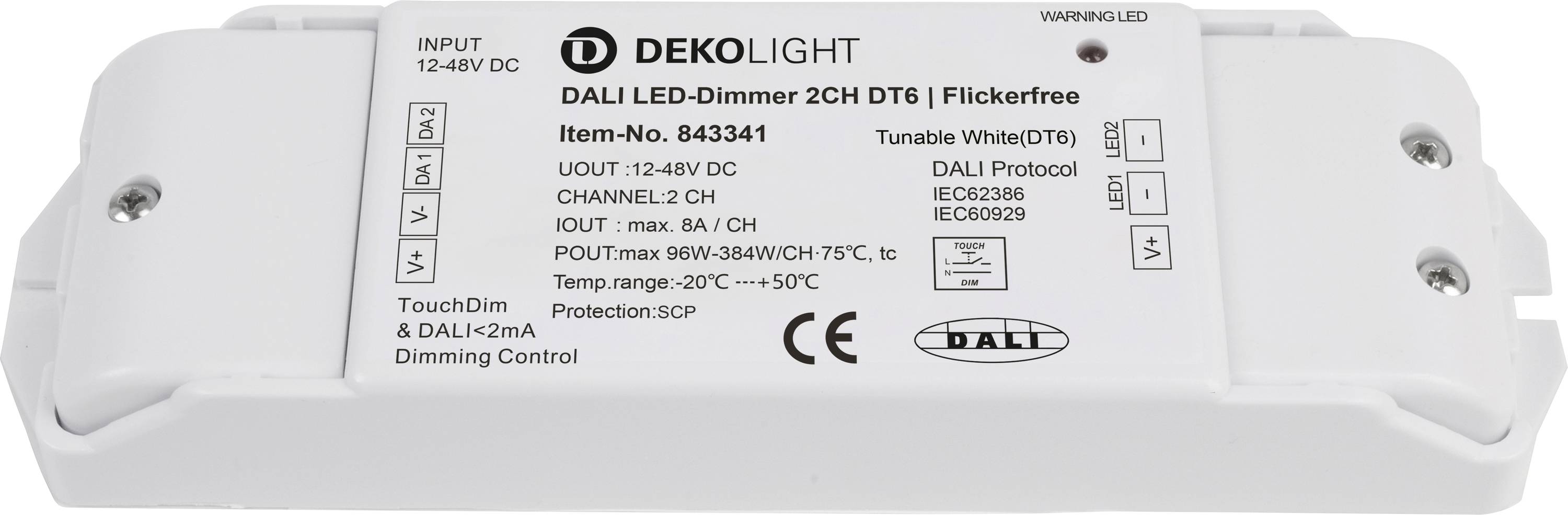 'Dekolight LED-prigušivač DALI 2CH DT6, ulaz 12-48V, kanal 1 i 2, maks. snaga 96W, TouchDim i DALI upravljanje, bijela kutija.'