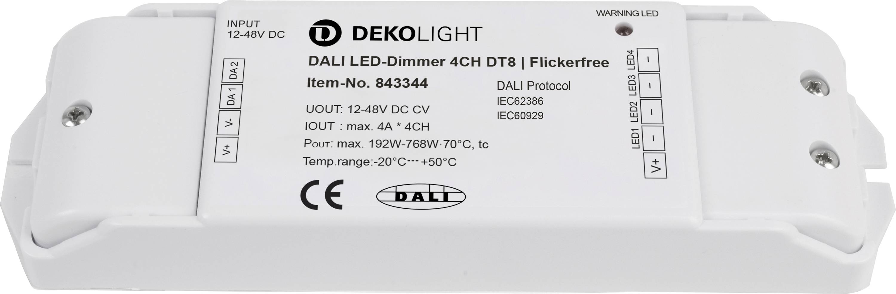 'DEKOLIGHT DALI/LED-Dimmer 4CH DT8' na prigušivoj upravljačkoj kutiji. Maksimalni ulazi i izlazi 12-48V DC. Podržava DALI protokole IEC62386, IEC60929.