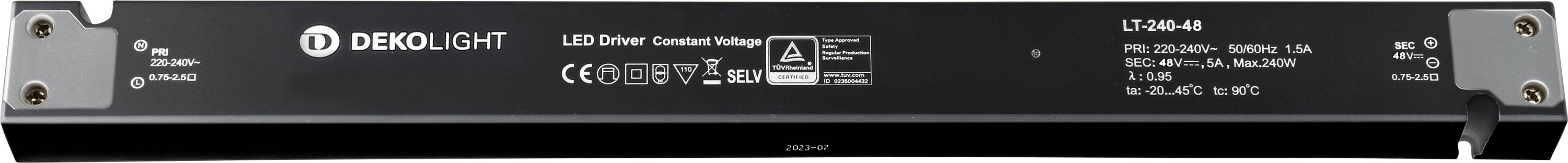 Crno LED napajanje tvrtke Deko Light s modelom LSV60-48. Prikazuje tehničke specifikacije i oznake ispitivanja na prednjoj strani.
