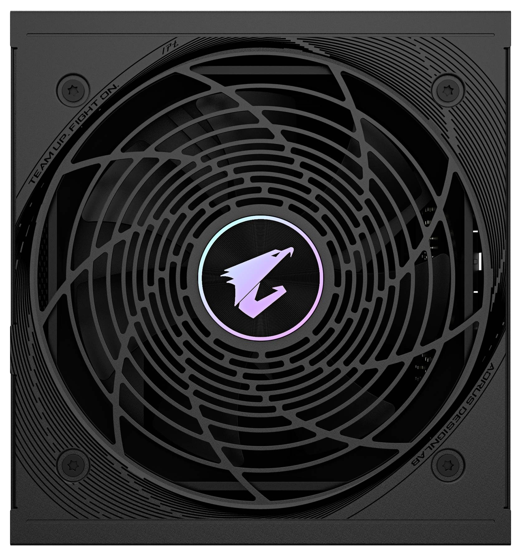Crni računalni napajalni uređaj s osvjetljenim logotipom u sredini koji prikazuje stiliziranu pticu. Rešetka ventilatora s spiralnim uzorkom.