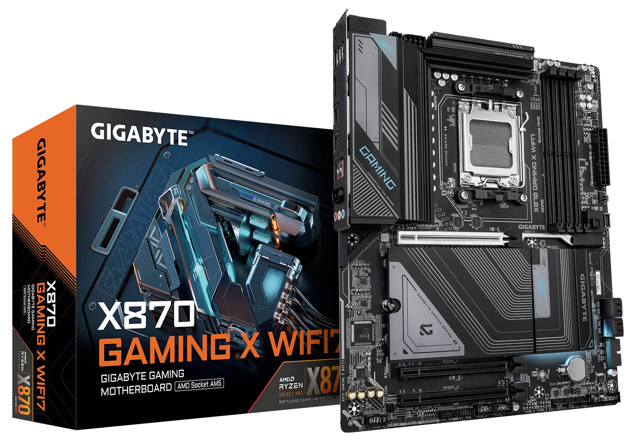 'Gigabyte X870 Gaming X WiFi 7' matična ploča i ambalža, s AMDSocketom AM5, crna s plavim naglascima, za gaming PC-eve.
