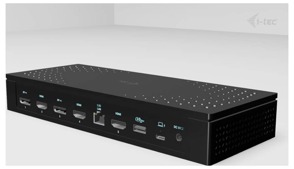 Crni uređaj za dokiranje s nekoliko priključaka, uključujući HDMI, USB, Ethernet i display priključke, postavljen na stolu.