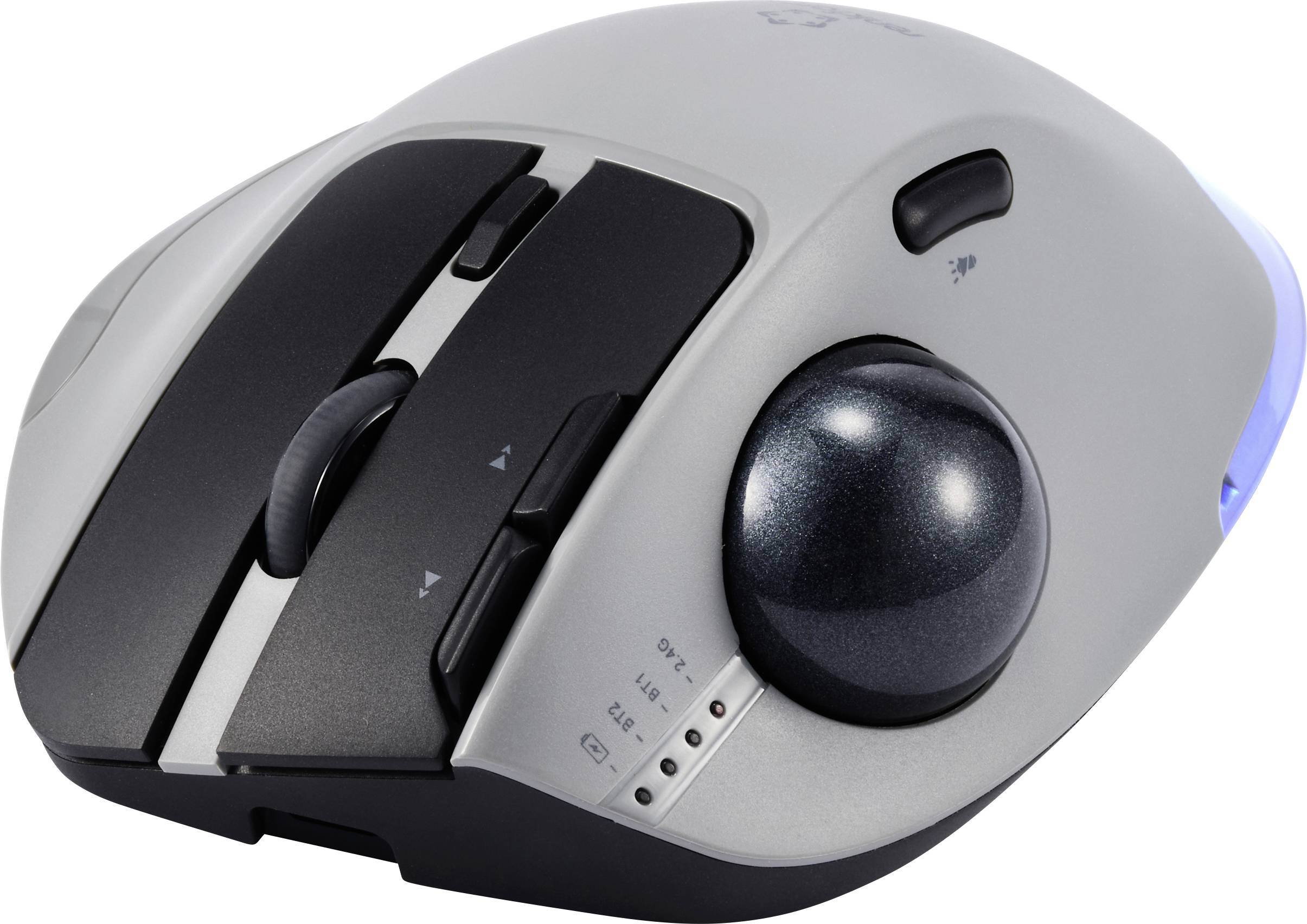 Ergonomski sivi trackball miš s više tipki i kotačićem za pomicanje, dizajniran za precizno upravljanje i udoban rad.