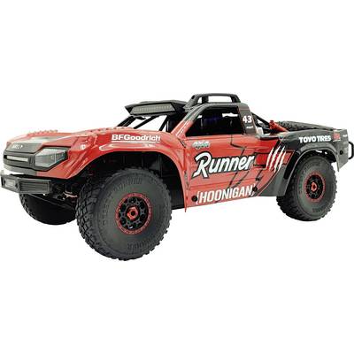 Crveni, daljinski upravljani automobil u stilu rallyja s natpisima 'Runner' i 'Hoonigan', velikim gumama i sportskim dizajnom.
