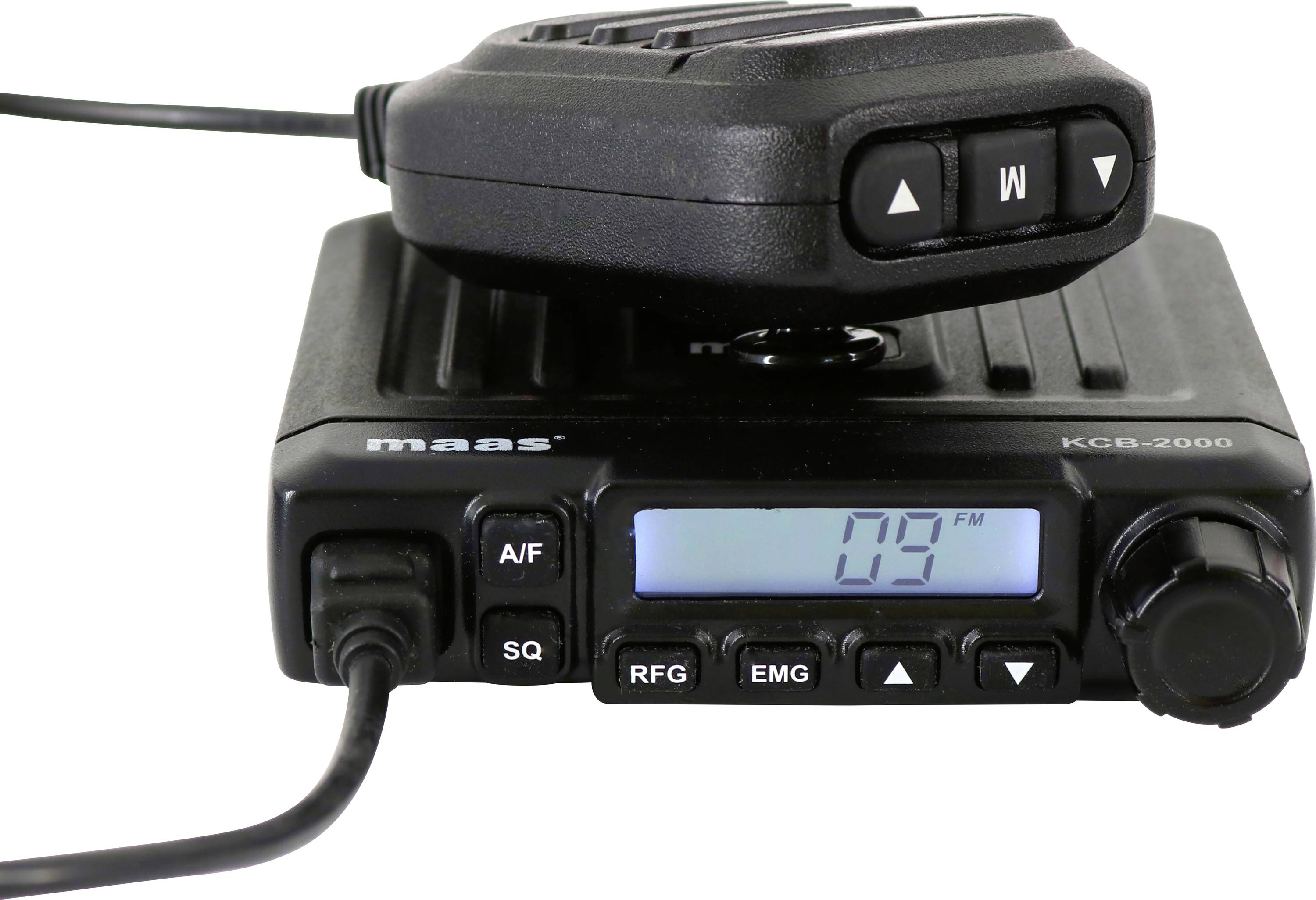 Radio uređaj s mikrofonom na vrhu. Digitalni zaslon prikazuje '09 FM'. Više gumba na prednjoj strani za podešavanje.
