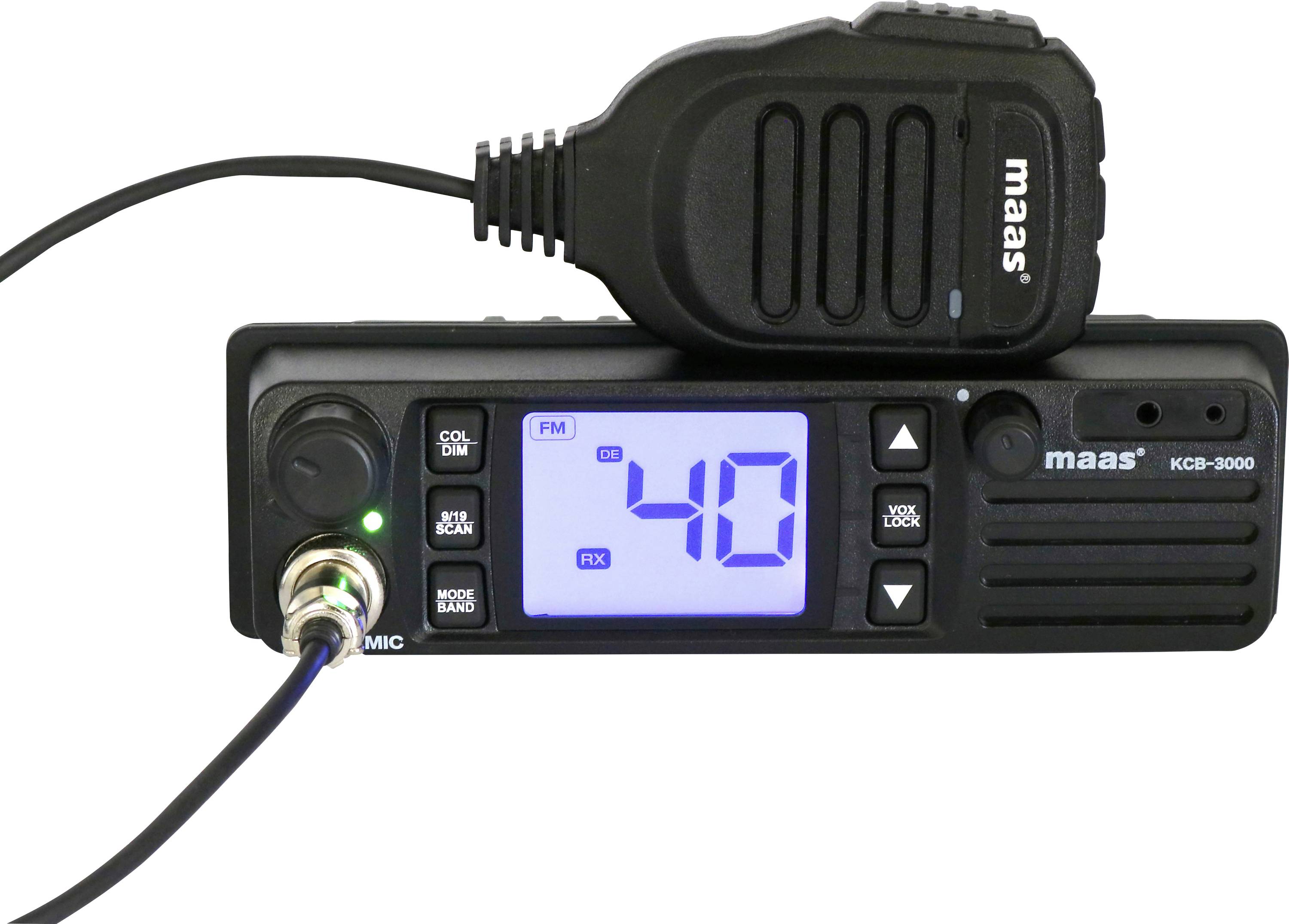 Ručna radio stanica s mikrofonom, osvjetljenim zaslonom i indikatorom kanala. Model 'maas KCB-3000', prikazuje kanal 40, s FM/AM prebacivanjem.