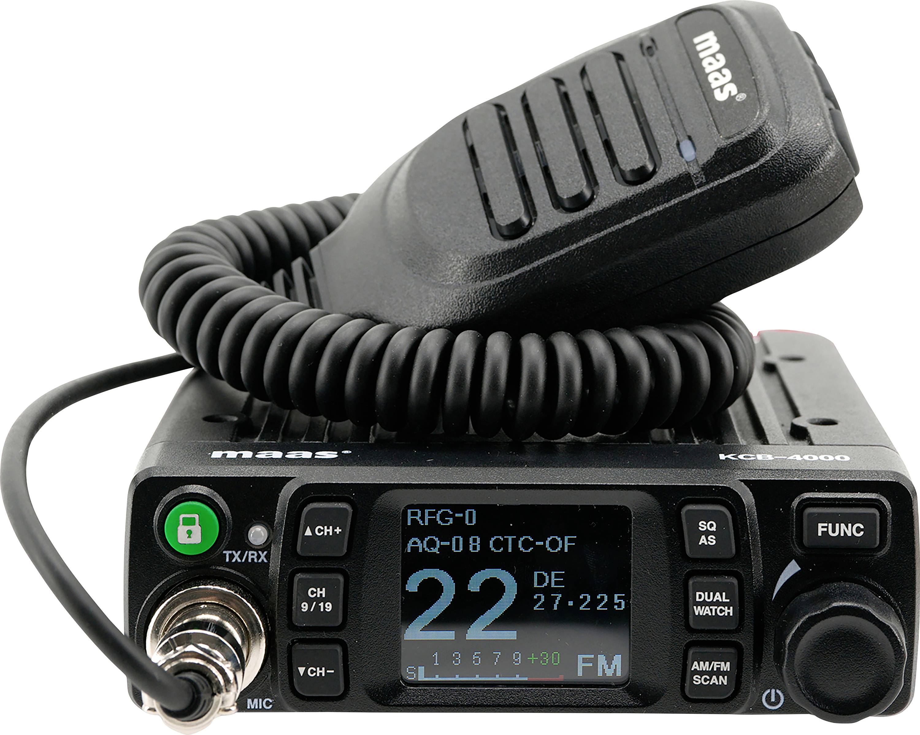 Radio uređaj s priključenim mikrofonom. Na zaslonu se nalaze brojevi i slova koji prikazuju specifične postavke.