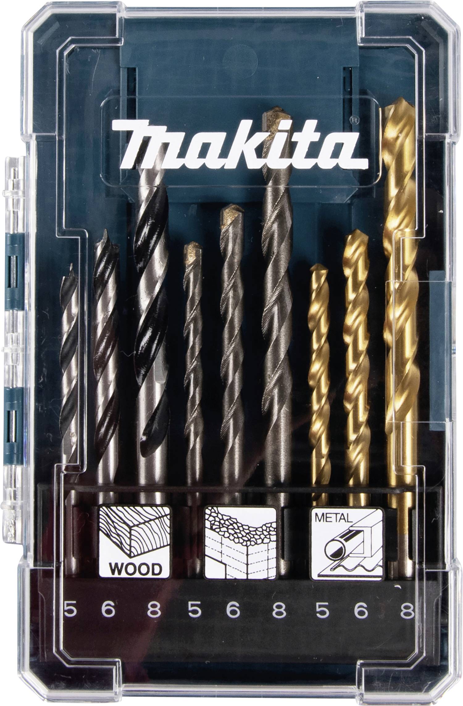 Makita set burgija s više burgija za drvo i metal u prozirnoj plastičnoj kutiji, označen veličinama burgija.