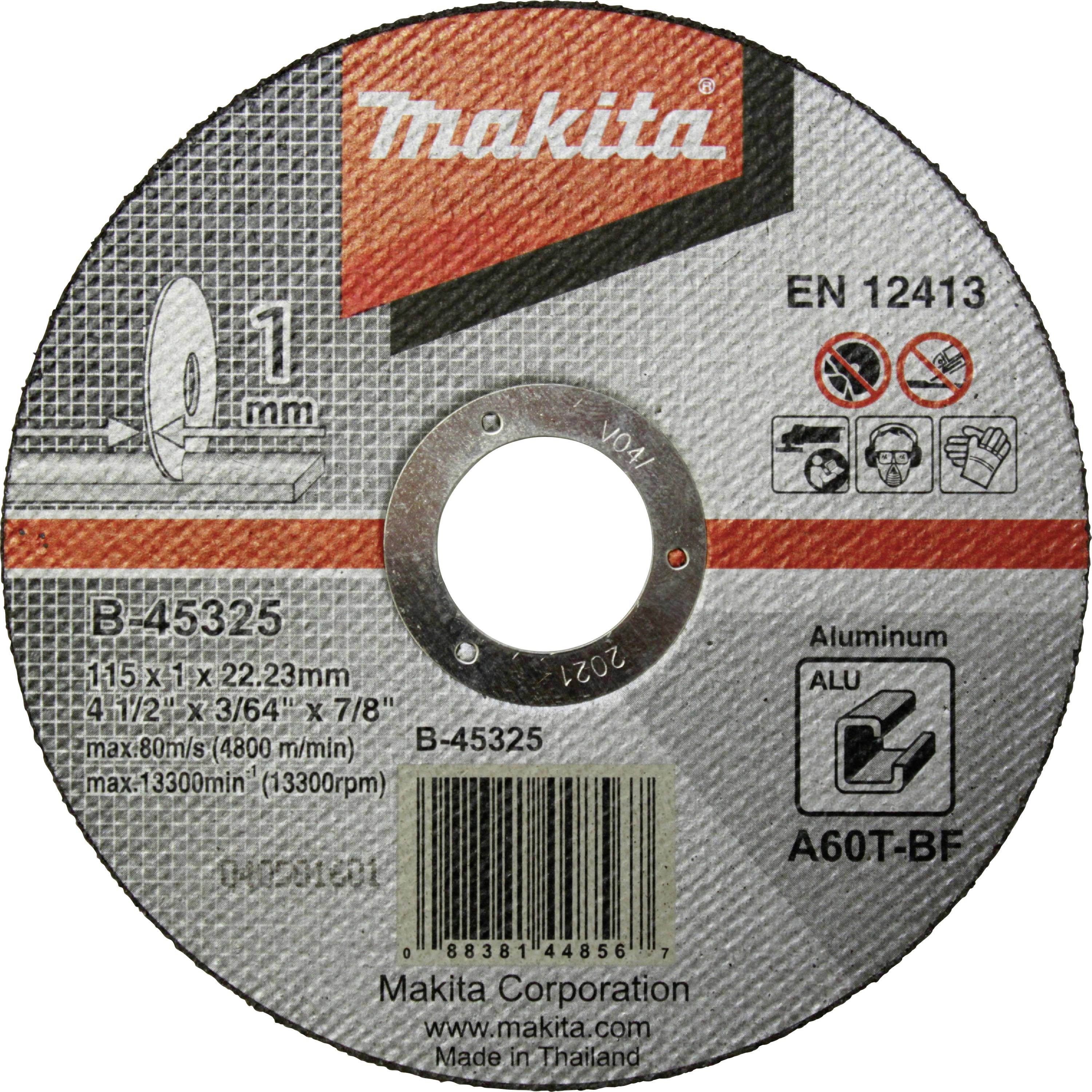 Rezna ploča Makita, pogodna za aluminij, promjera 115 mm, debljine 1 mm, certificirana prema EN 12413.