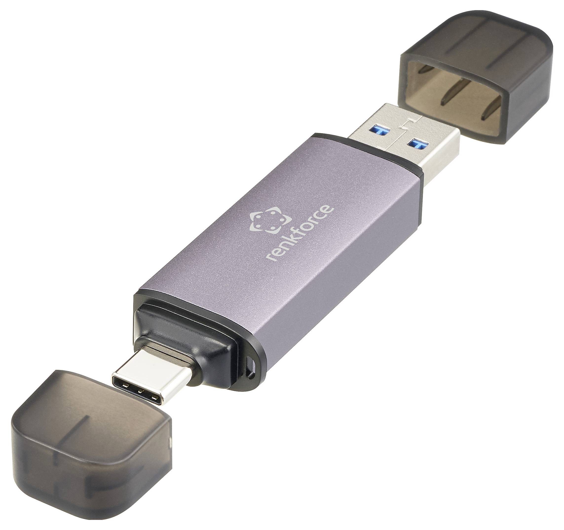 USB stick s USB-A i USB-C priključcima. Oba krajnja čepa su skinuta. Na sticku piše 'renkforce'.