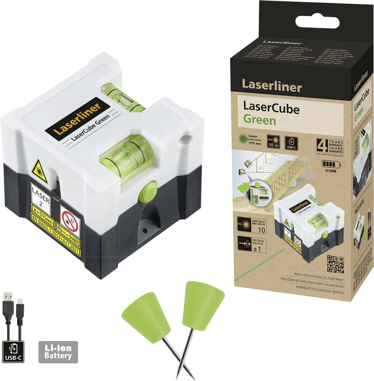'Laserliner LaserCube Green' je zeleni križni linijski laser s USB-C priključkom, litij-ionskom baterijom, samonivelacijskim sustavom, uključujući stativni navoj i kutiju.