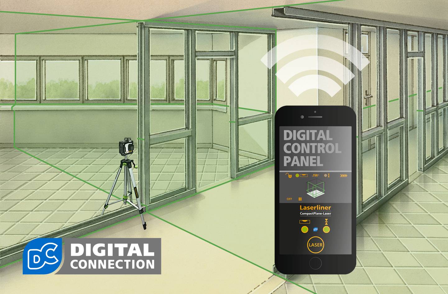 Digitalno upravljani laserski mjerni uređaj stoji u prostoriji pored pametnog telefona koji prikazuje aplikaciju "Digital Control Panel".