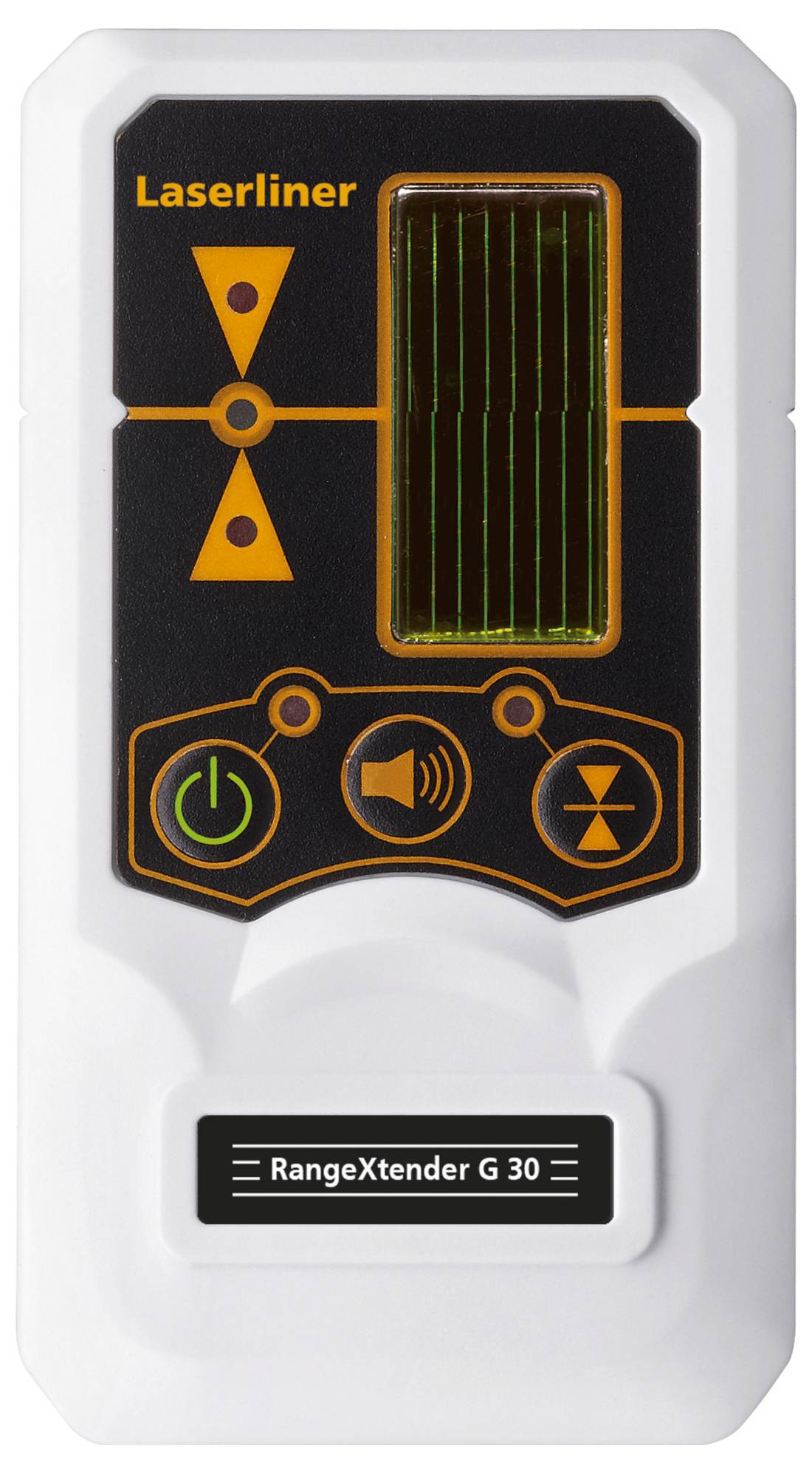 Elektronički laserski prijemnik 'RangeXtender G 30' tvrtke Laserliner sa zelenim zaslonom za precizno prepoznavanje laserskih linija.