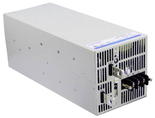 Srebreni elektronički uređaj s ventilacijskim otvorima i priključnim stezaljkama, vjerojatno mrežni ili pretvarački uređaj.