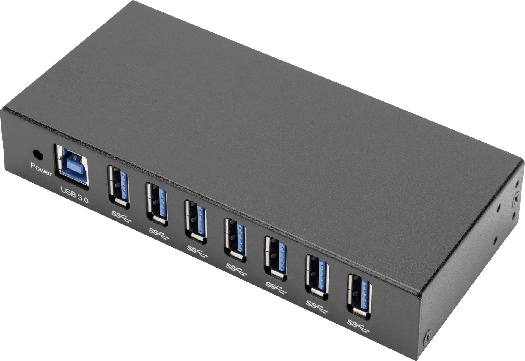 Crni USB 3.0 hub s osam priključaka. Ulaz se nalazi lijevo, pored njega su izlazi poredani u nizu.