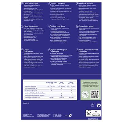 Papir za lasersko bojenje u različitim jezicima, s tablicom koja prikazuje gramaturu i bjelinu od 100 do 200 g/m². FSC logotip u donjem desnom kutu.